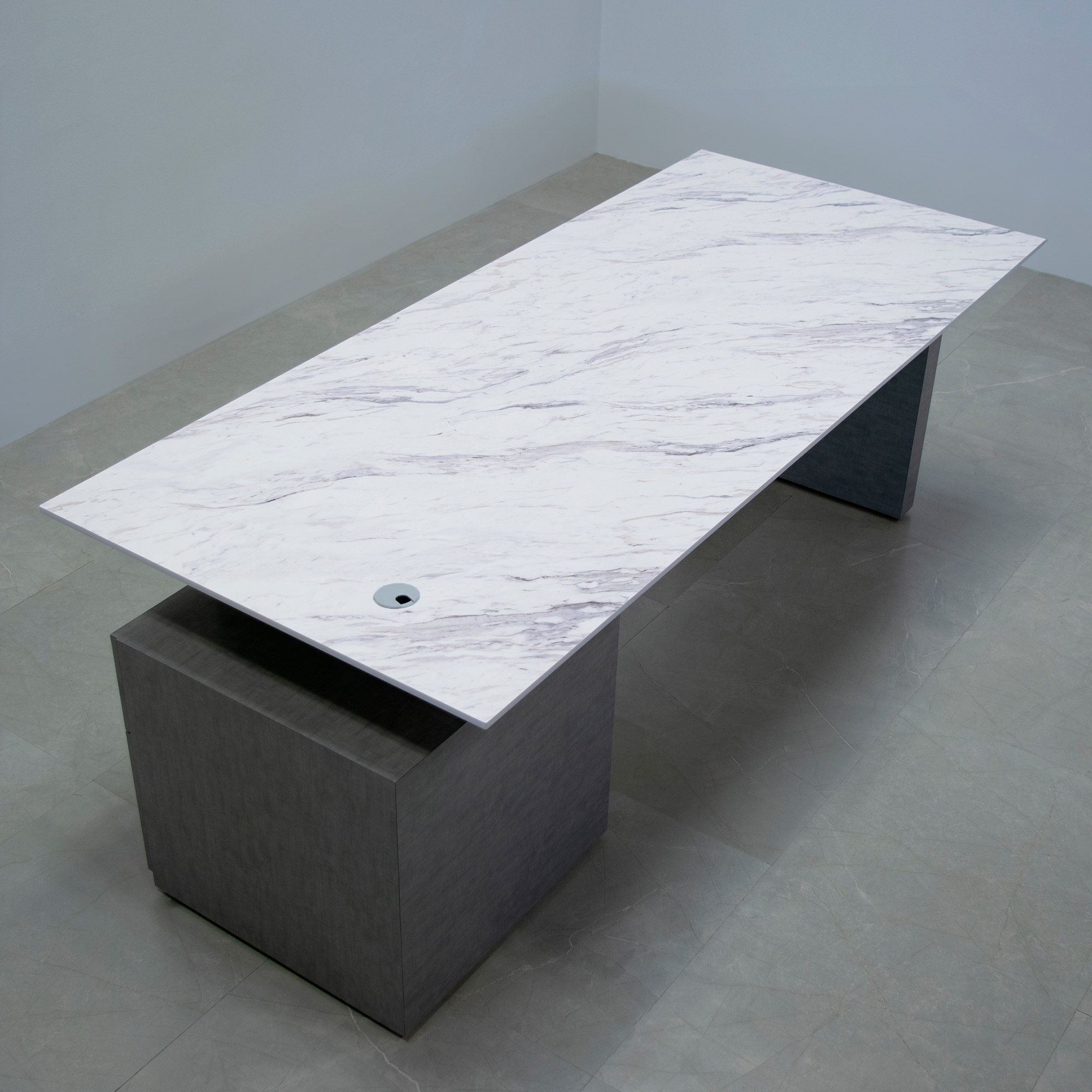Avenue Straight Executive Desk With Engineered Surface Top, right side storage when sitting in calcutta blanc top and silver alchemy laminate base and storage shown here.