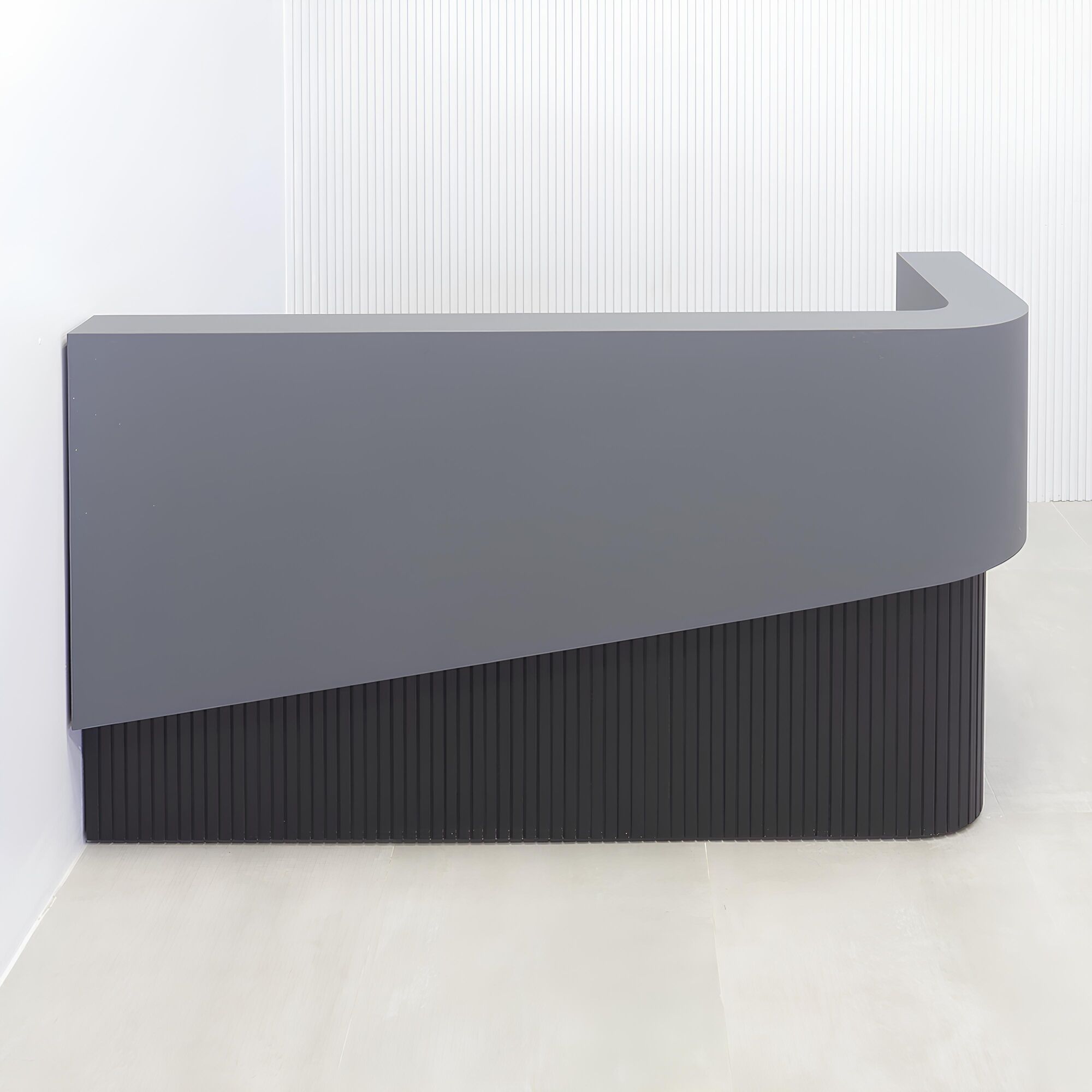 Nola L-Shape Curved Custom Reception Desk with fog gray matte laminate and black traceless tambour.
