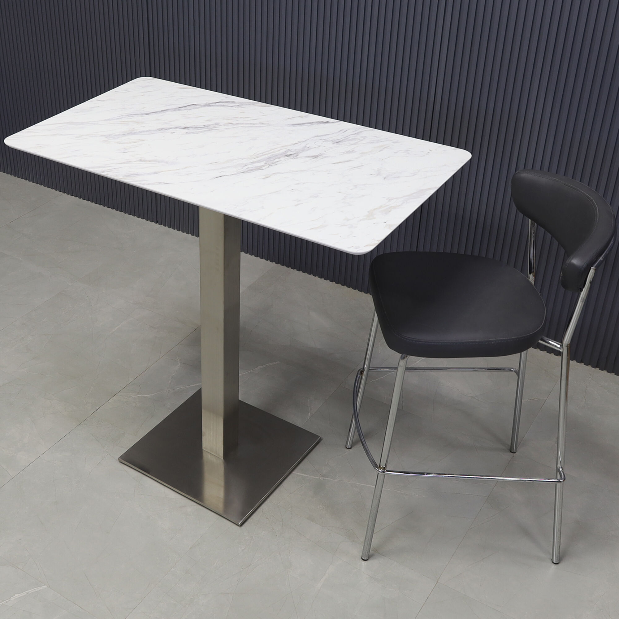 41-inch California Rectangular Bar Table in 1/2-inch calcutta blanc engineered surface top and brushed stainless steel base.