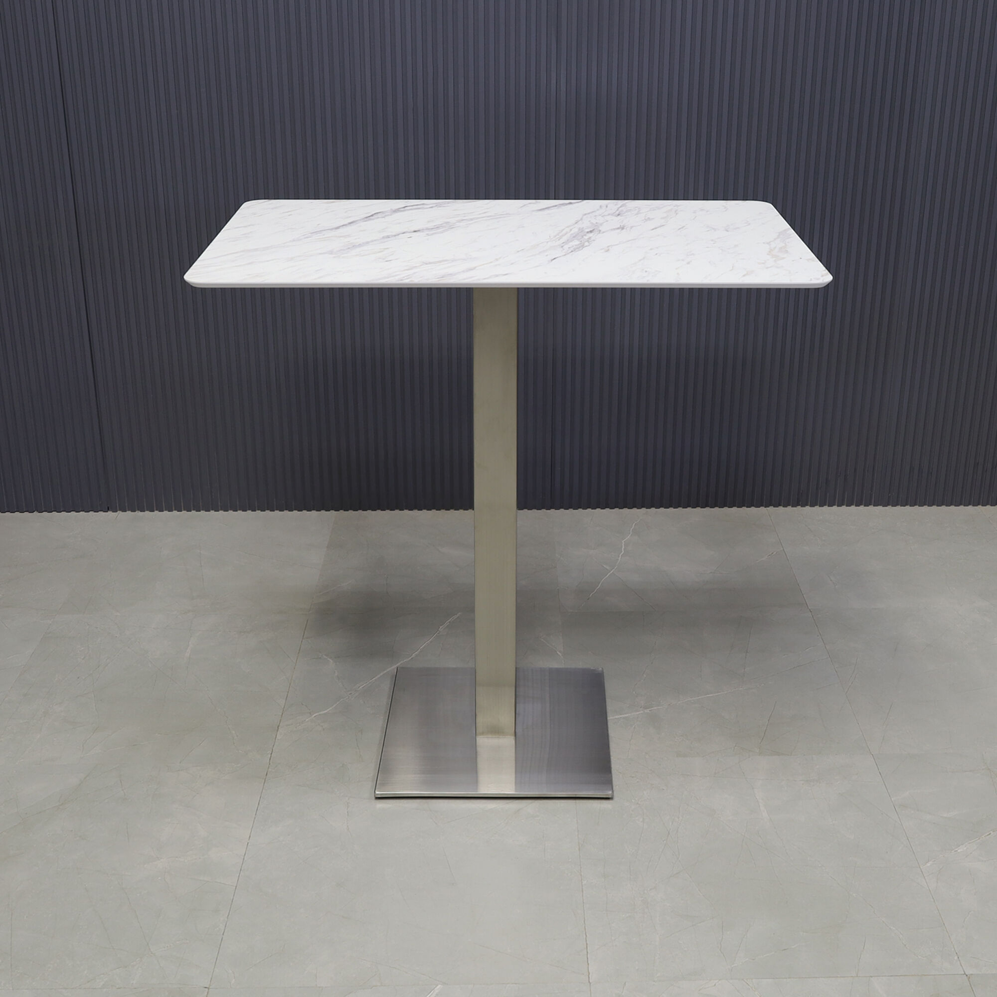 41-inch California Rectangular Bar Table in 1/2-inch calcutta blanc engineered surface top and brushed stainless steel base.