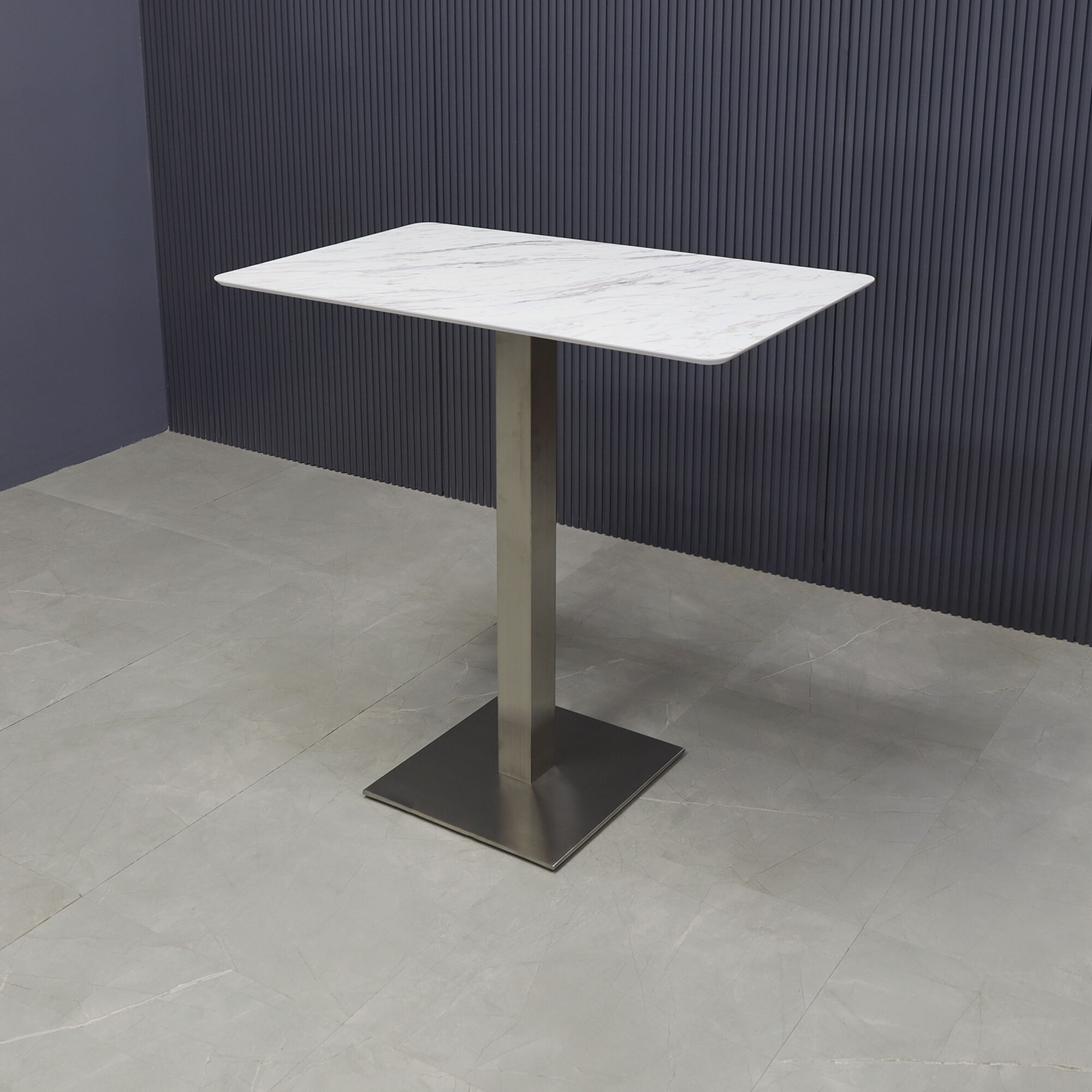 41-inch California Rectangular Bar Table in 1/2-inch calcutta blanc engineered surface top and brushed stainless steel base.