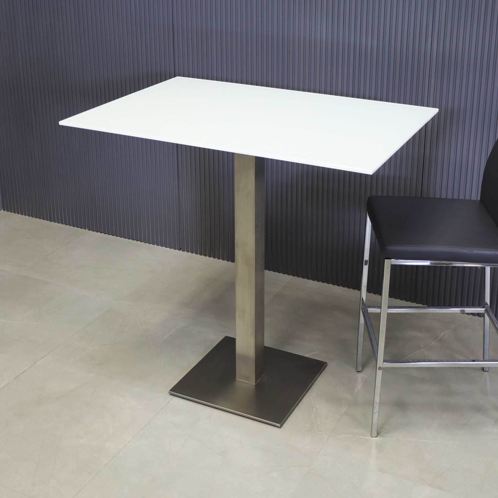 42-inch California Rectangular Bar Table in 1/2" white tempered glass top, and stainless steel base.