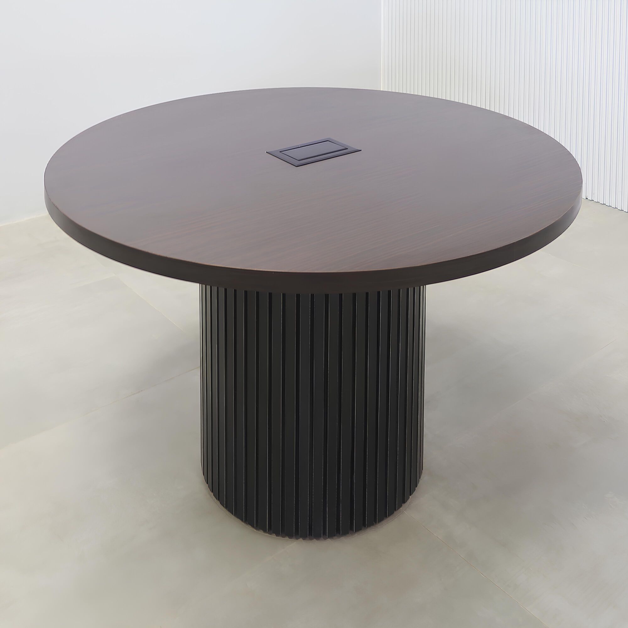 42-inch Newton Round Conference Table with X2 with ebony recon matte laminate top, black aluminum tambour (Discontinued), and Mx2 in black.