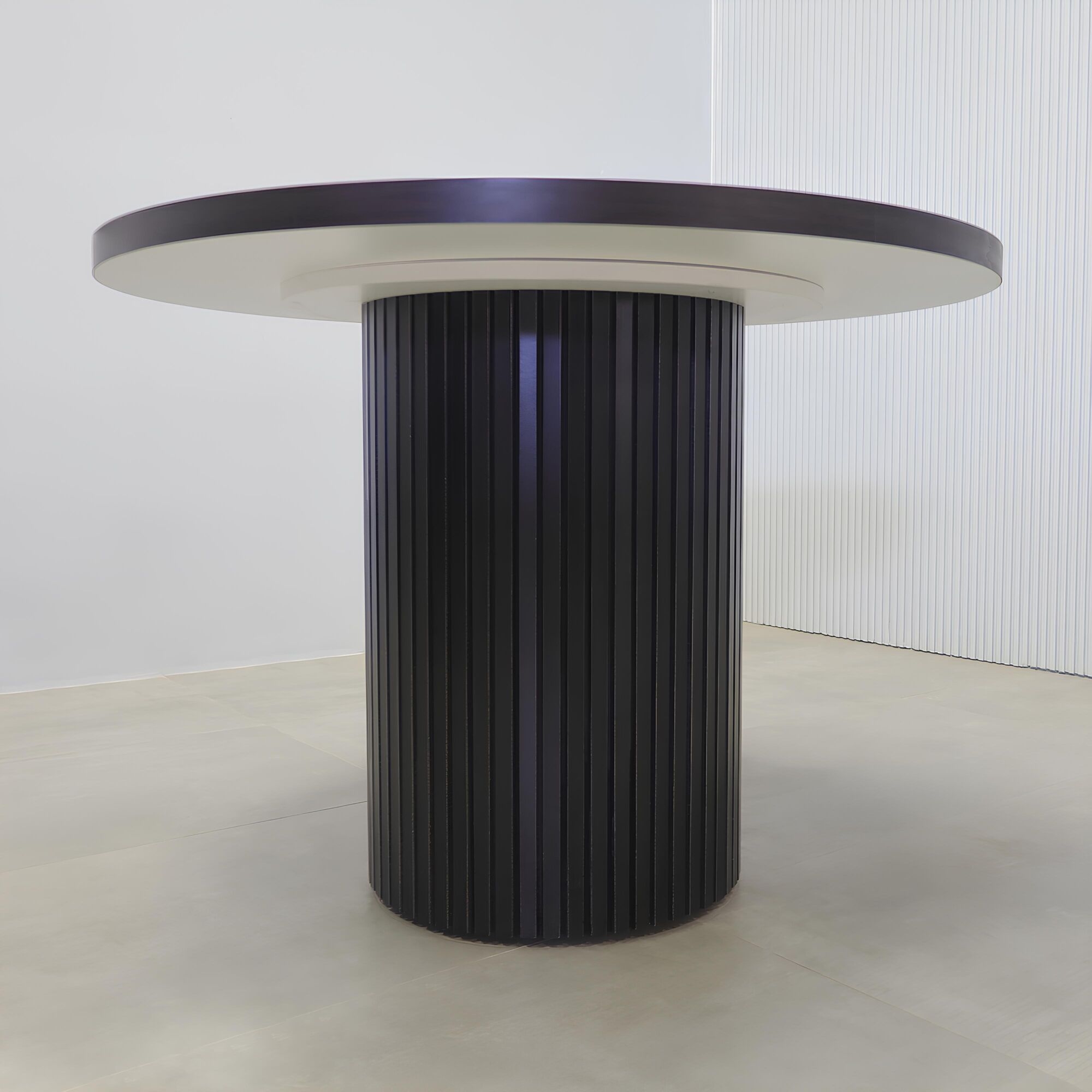42-inch Newton Round Conference Table with X2 with ebony recon matte laminate top, black aluminum tambour (Discontinued), and Mx2 in black.