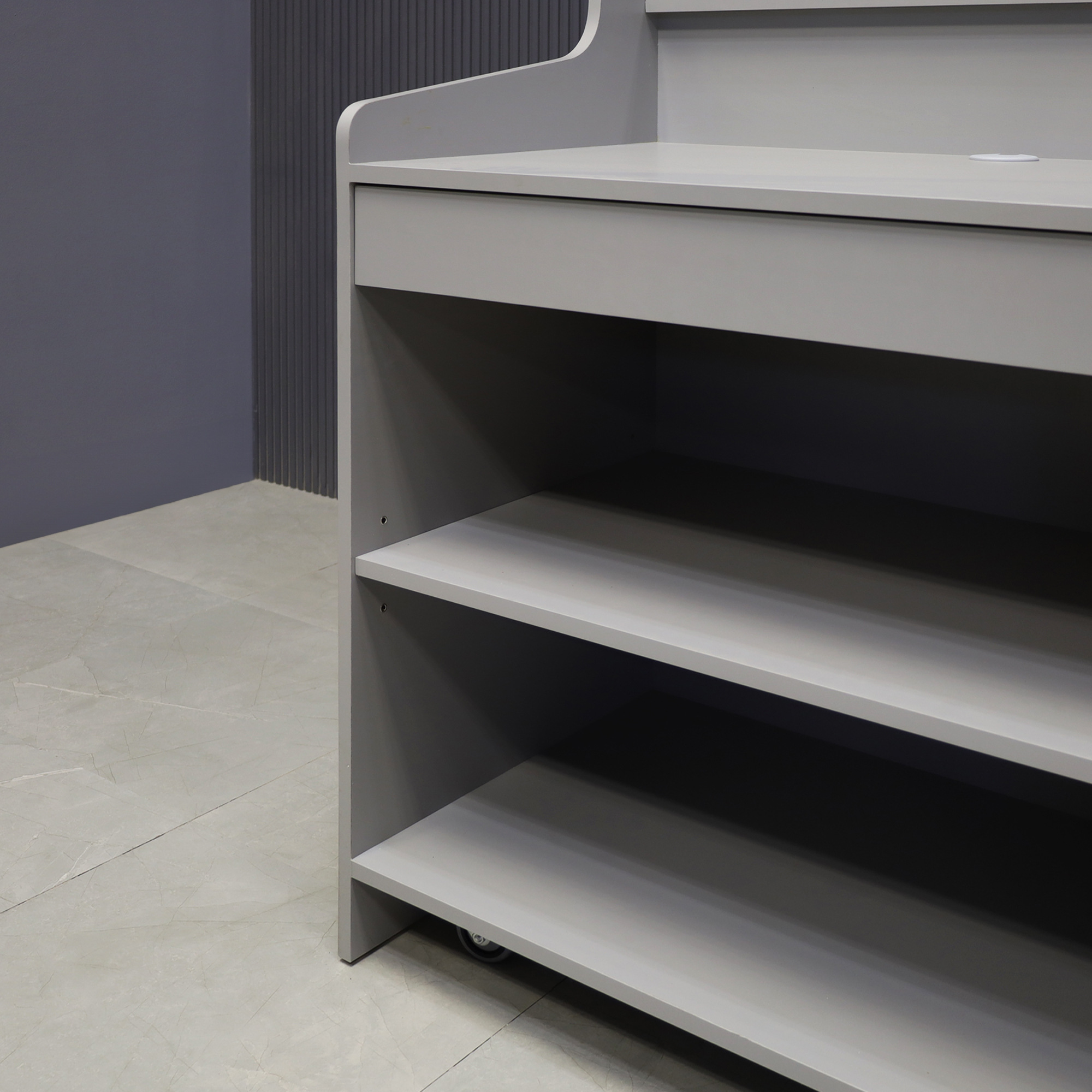 42-inch New Jersey Podium & Host Reception Desk in fog gray matte laminate main desk and white acrylic front panels.