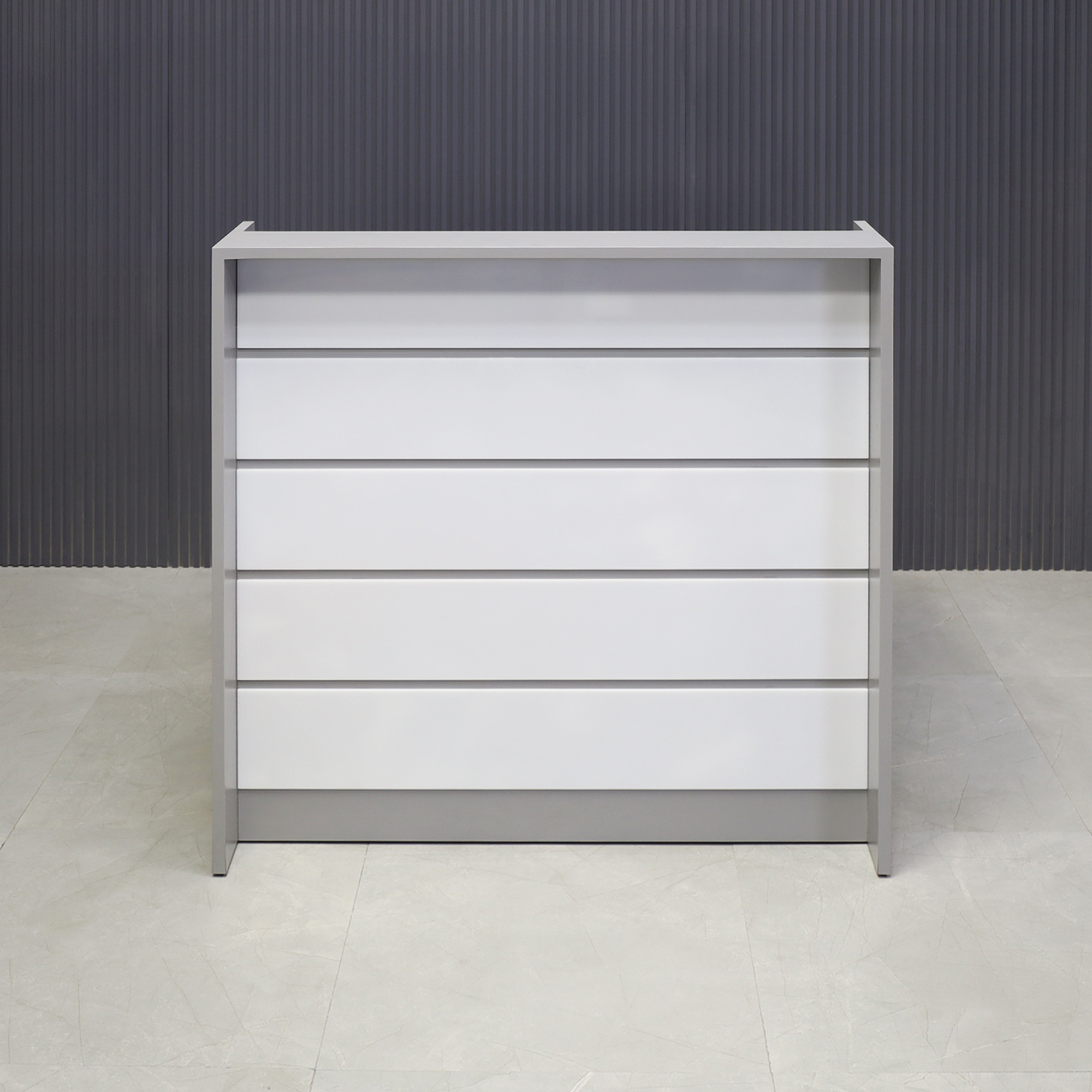 42-inch New Jersey Podium & Host Reception Desk in fog gray matte laminate main desk and white acrylic front panels.