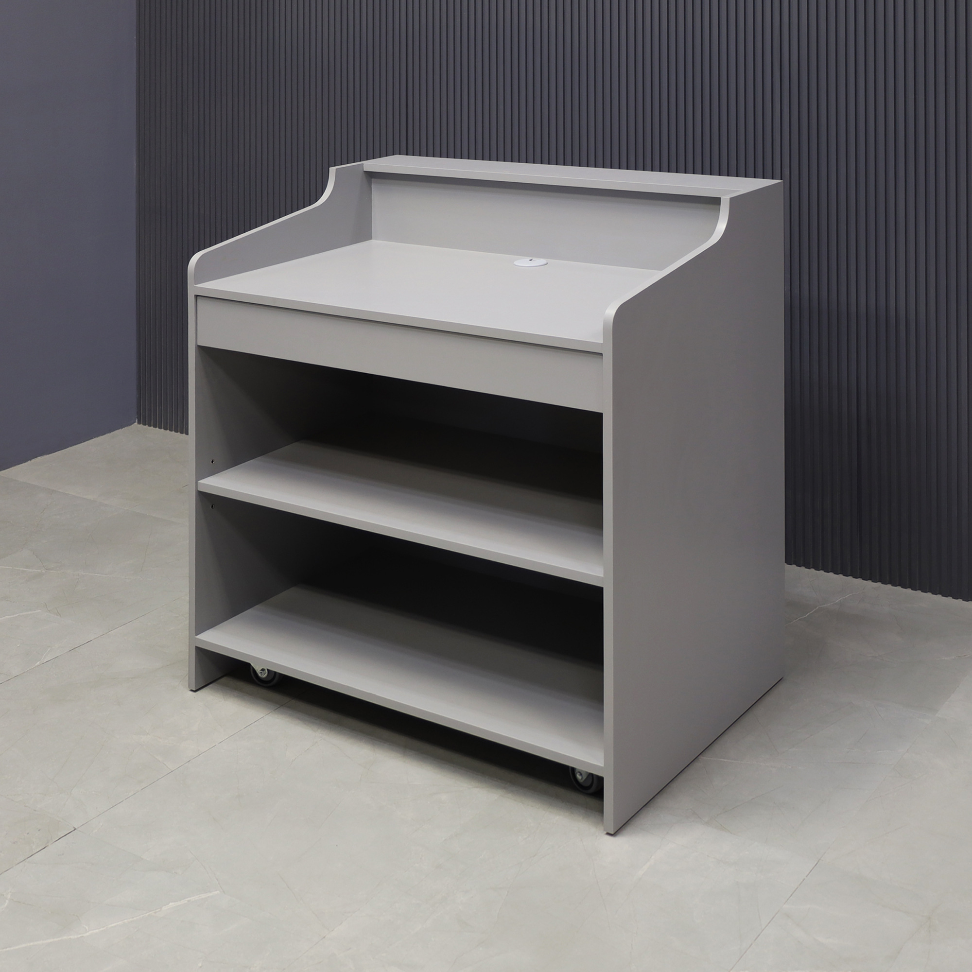 42-inch New Jersey Podium & Host Reception Desk in fog gray matte laminate main desk and white acrylic front panels.