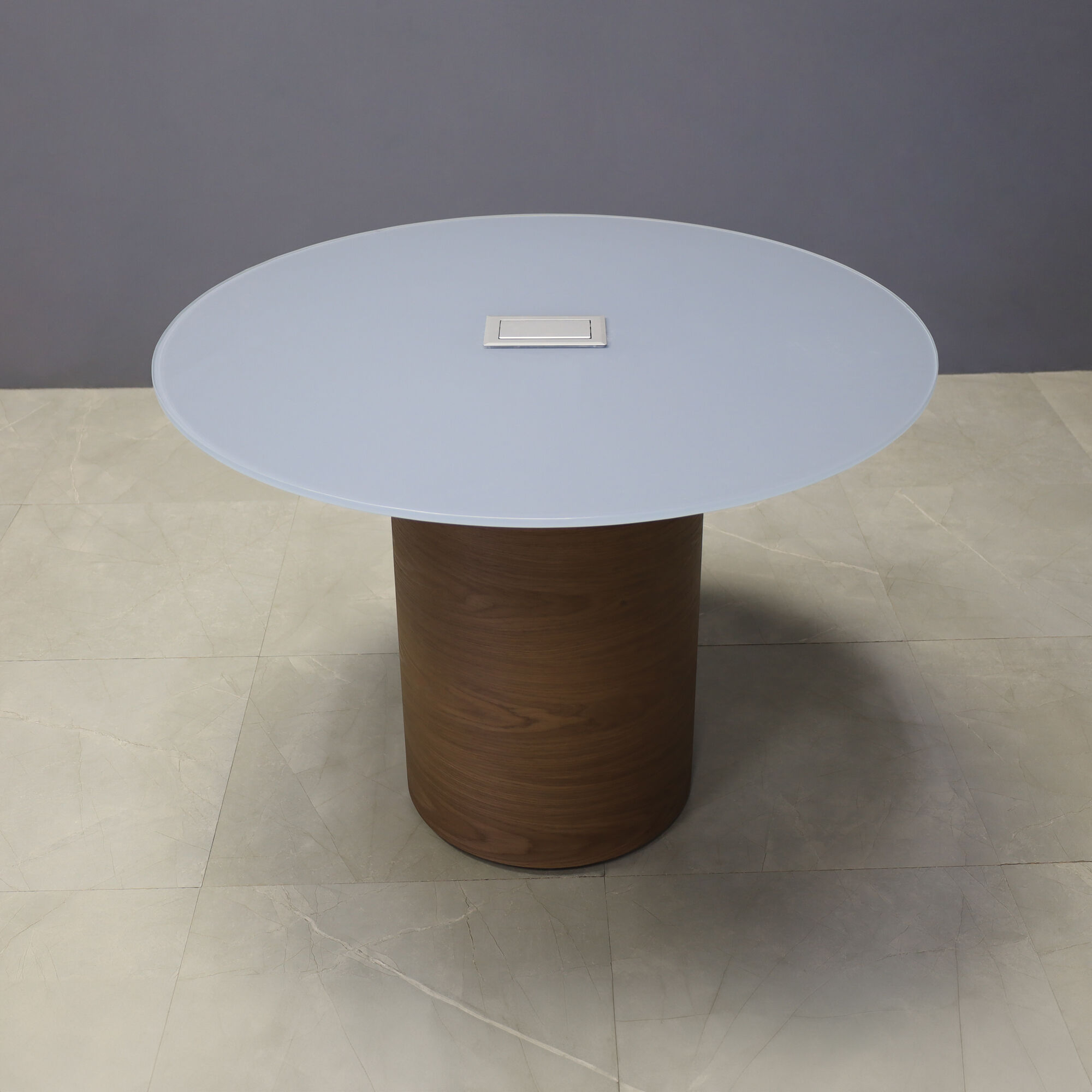 42-inch Omaha Round Conference Table in 1/2-inch medium gray tempered glass top, and walnut veneer base, with silver MX2 power box.