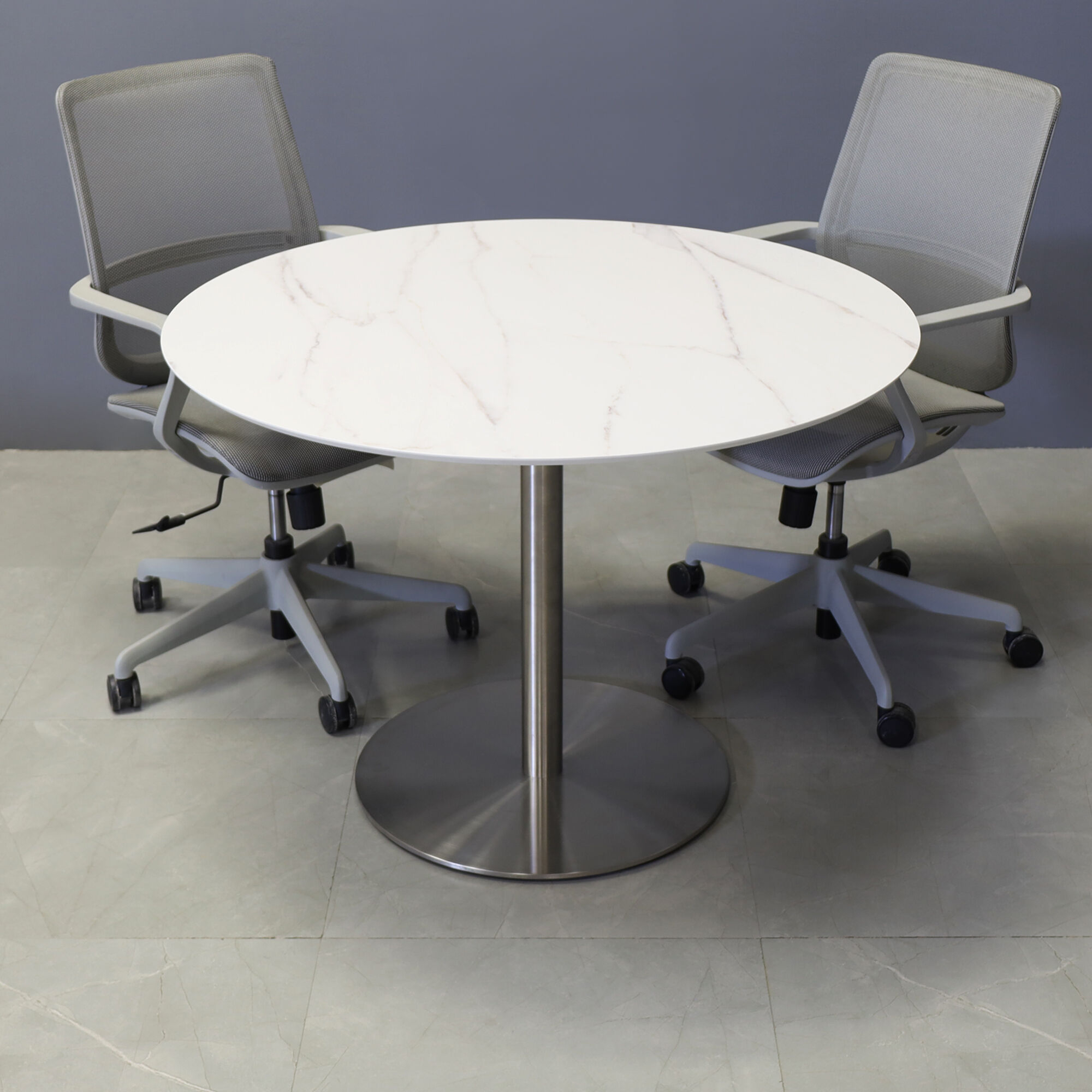 42-inch California Round Conference Table with 1/2-inch solenne marble engineered surface top and silver metal powder-coated base.