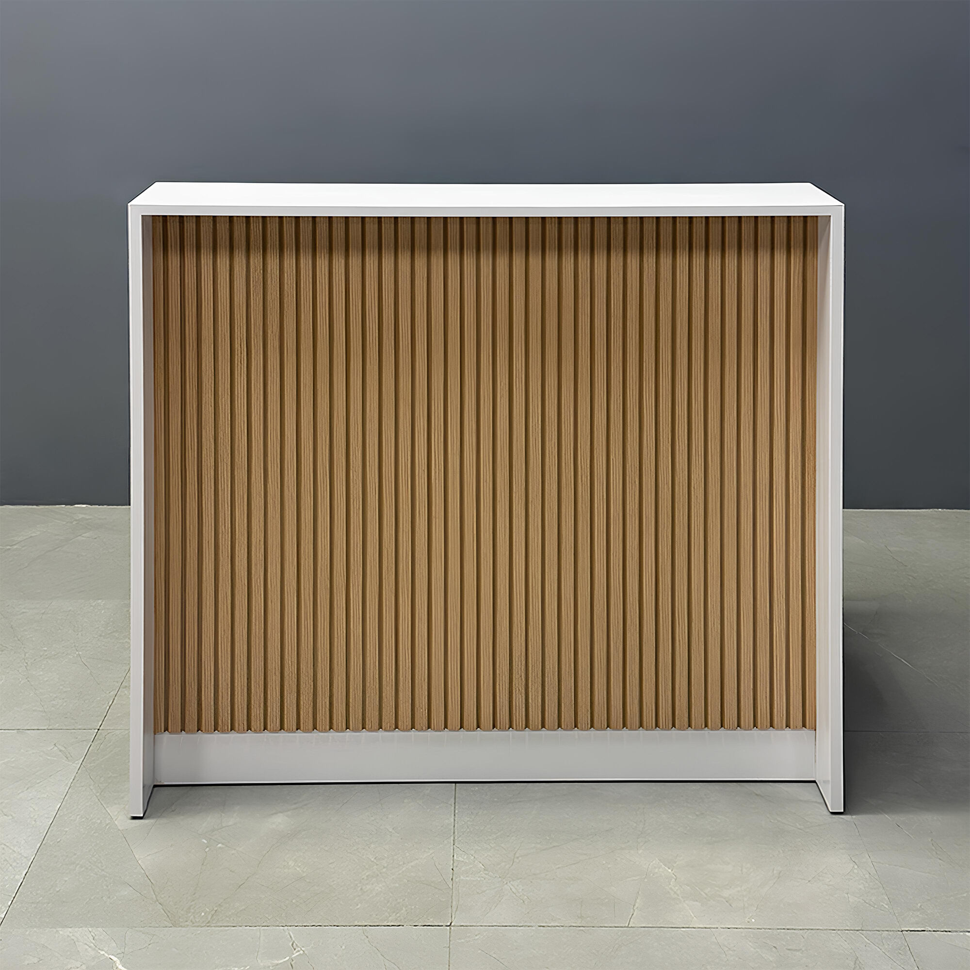 42-inch New Jersey Podium & Host Desk in white matte laminate main desk and white oak front panel, shown here.
