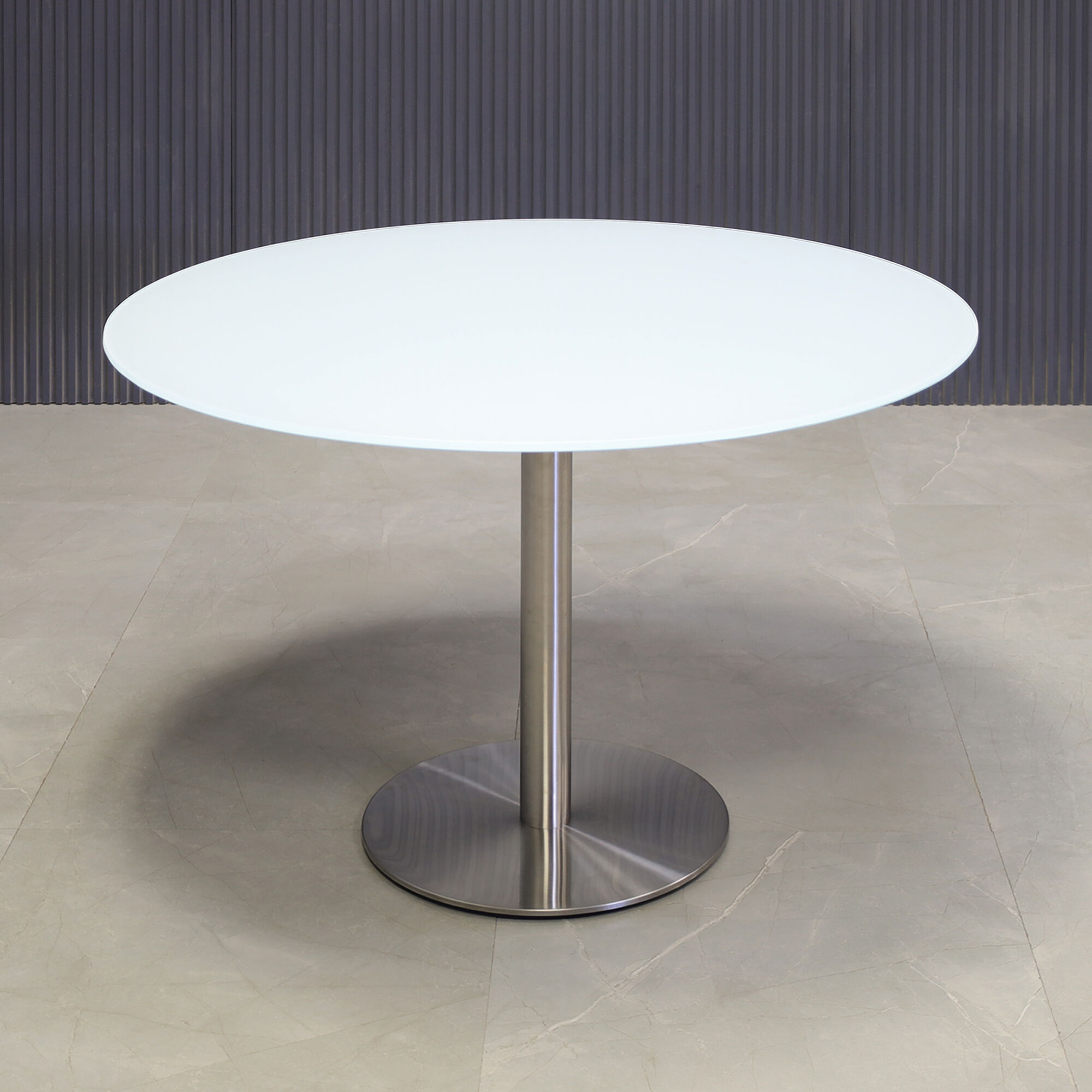 42-inch California Round Conference Table with 1/2-inch white tempered glass top and silver metal powder-coated base.