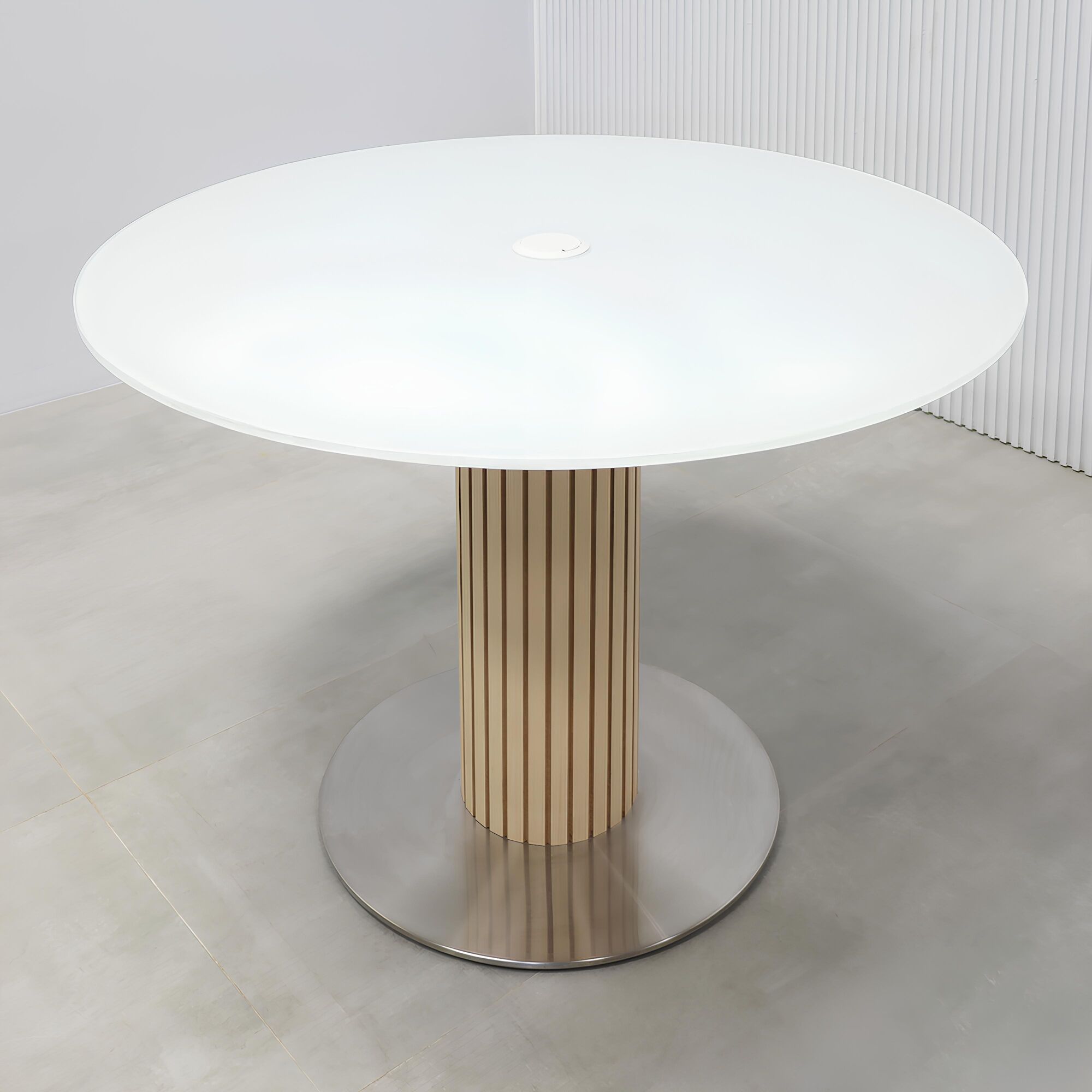 42-inch Omaha Round Conference Table with white tempered glass top, maple tambour pedestal base, and silver powder-coated metal base.