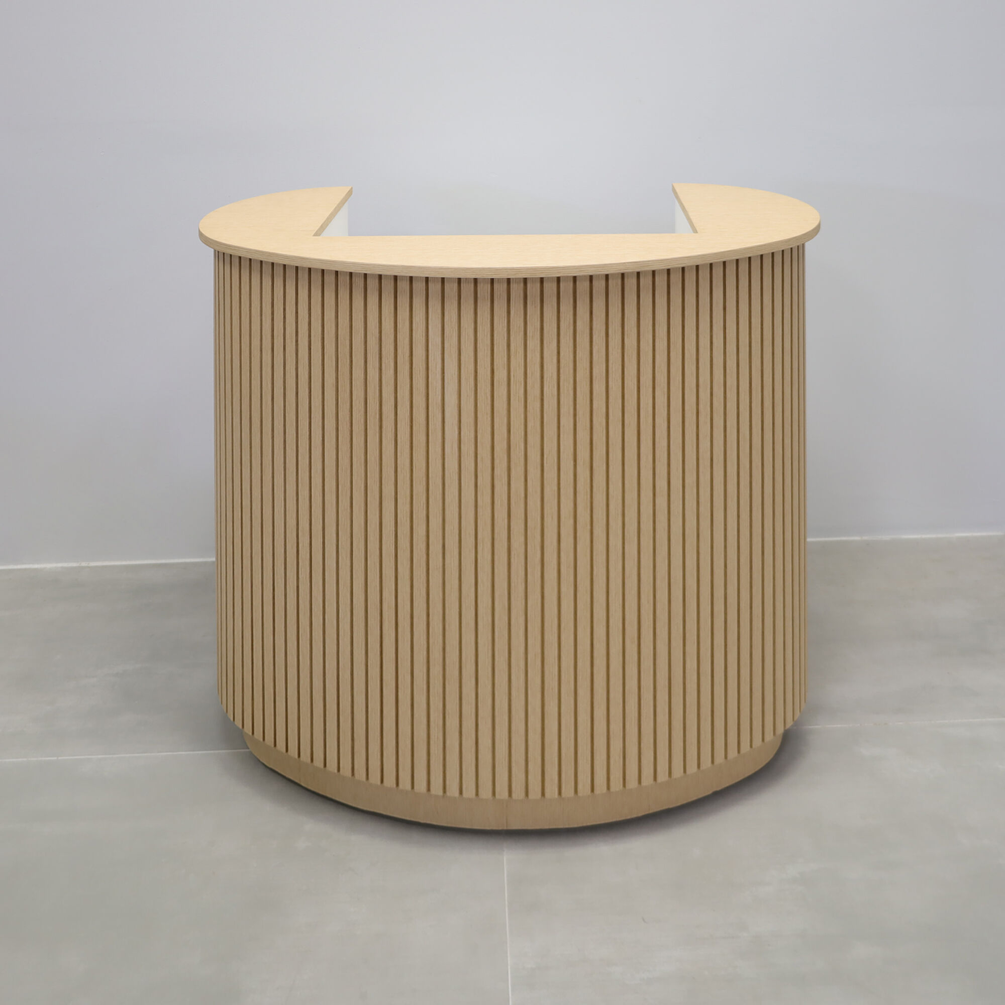 42-inch The Pill Podium & Host Custom Desk in white oak veneer top & toe-kick, white oak tambour main desk, and dover off-white matte laminate workspace.