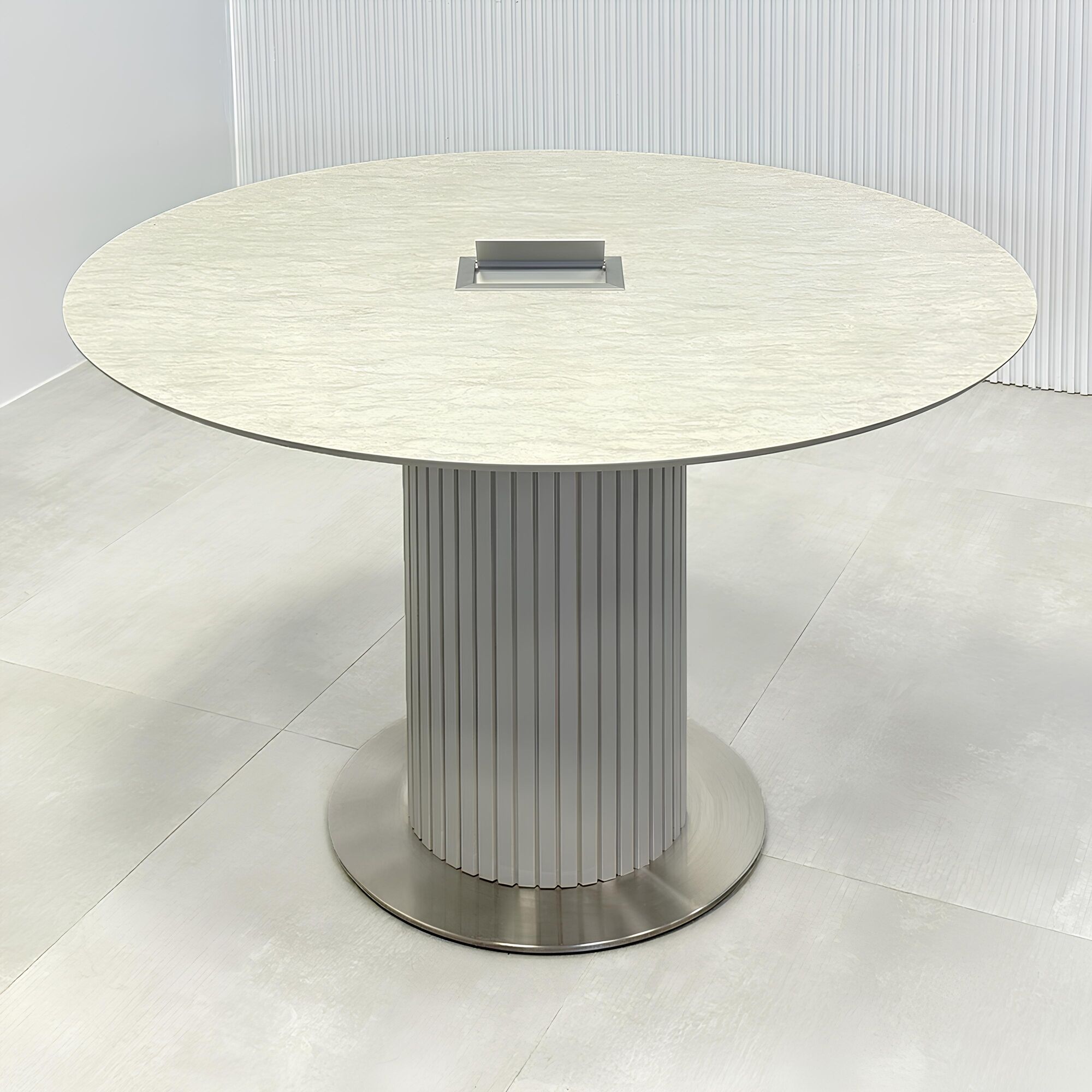 Aurora Round Conference Table with X3 Base in Fog Gray Tambour Pedestal  - 47 In. - Stock #167