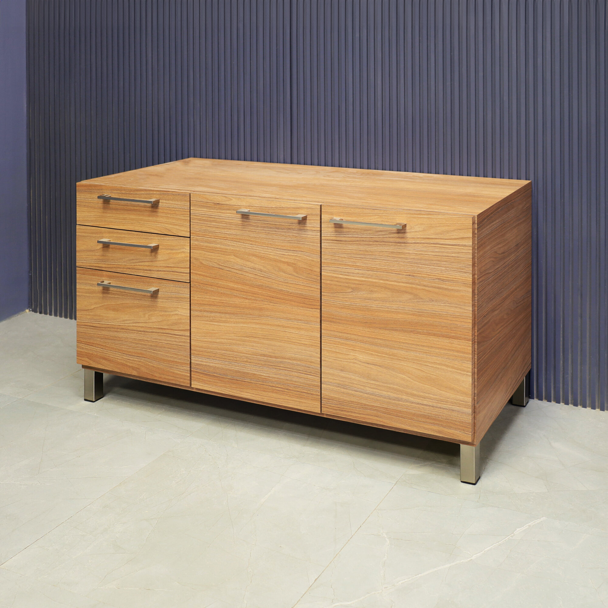 47-inch Naples Custom Storage Credenza in uptown walnut matte laminate credenza, front drawers & doors and brushed stainless steel legs and handles.