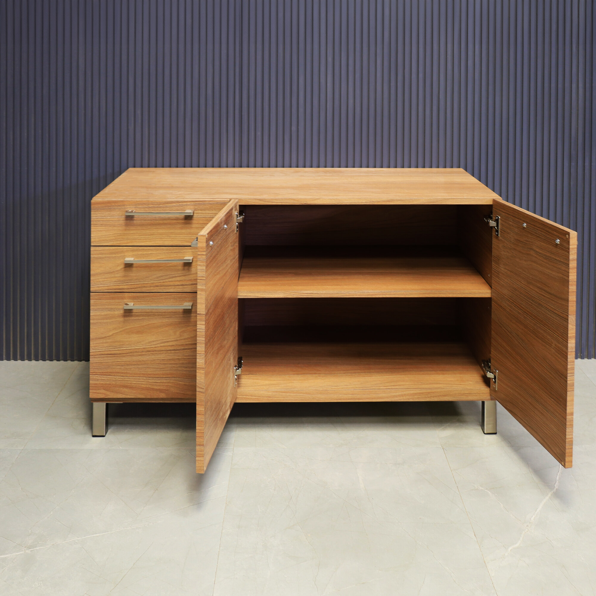 47-inch Naples Custom Storage Credenza in uptown walnut matte laminate credenza, front drawers & doors and brushed stainless steel legs and handles.