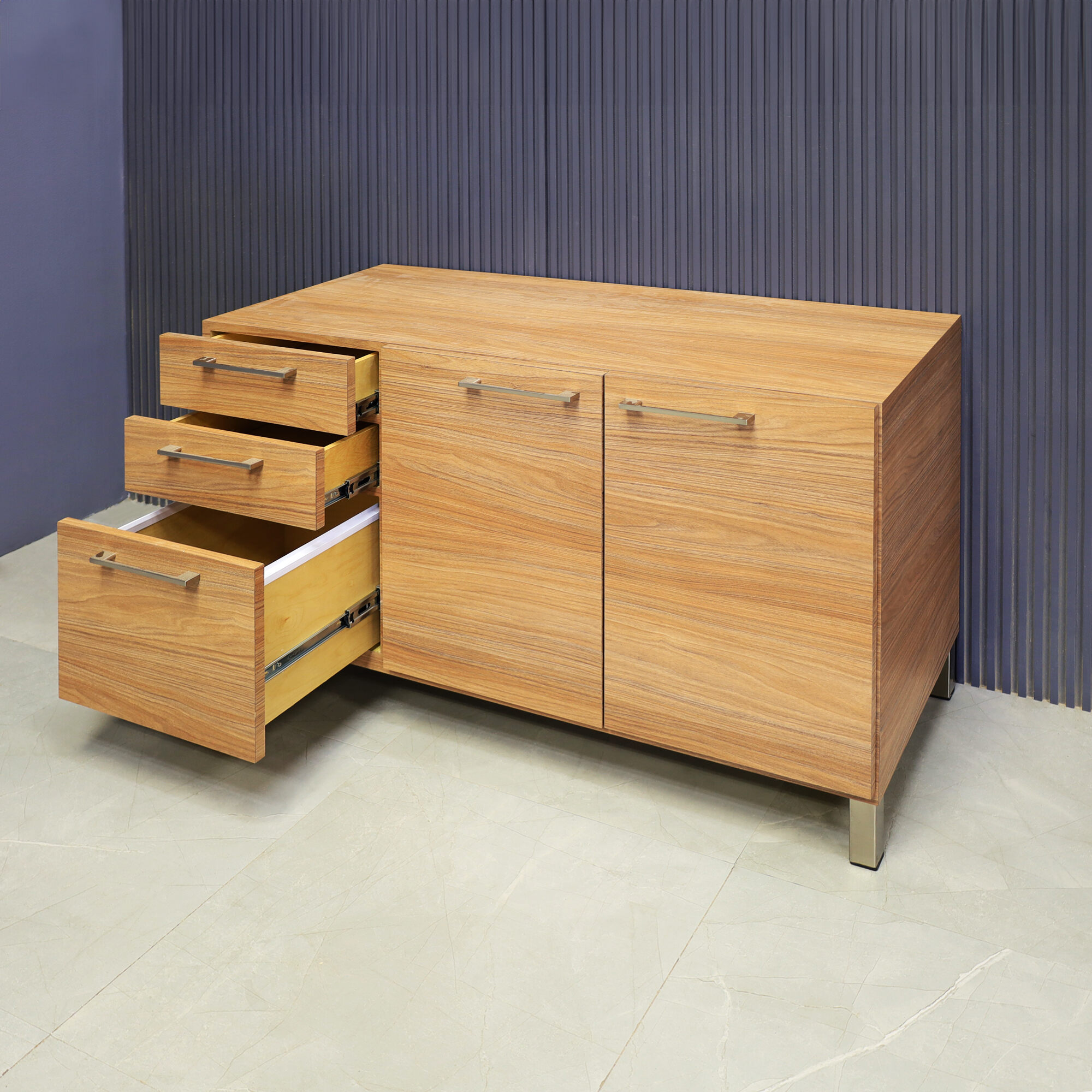 47-inch Naples Custom Storage Credenza in uptown walnut matte laminate credenza, front drawers & doors and brushed stainless steel legs and handles.