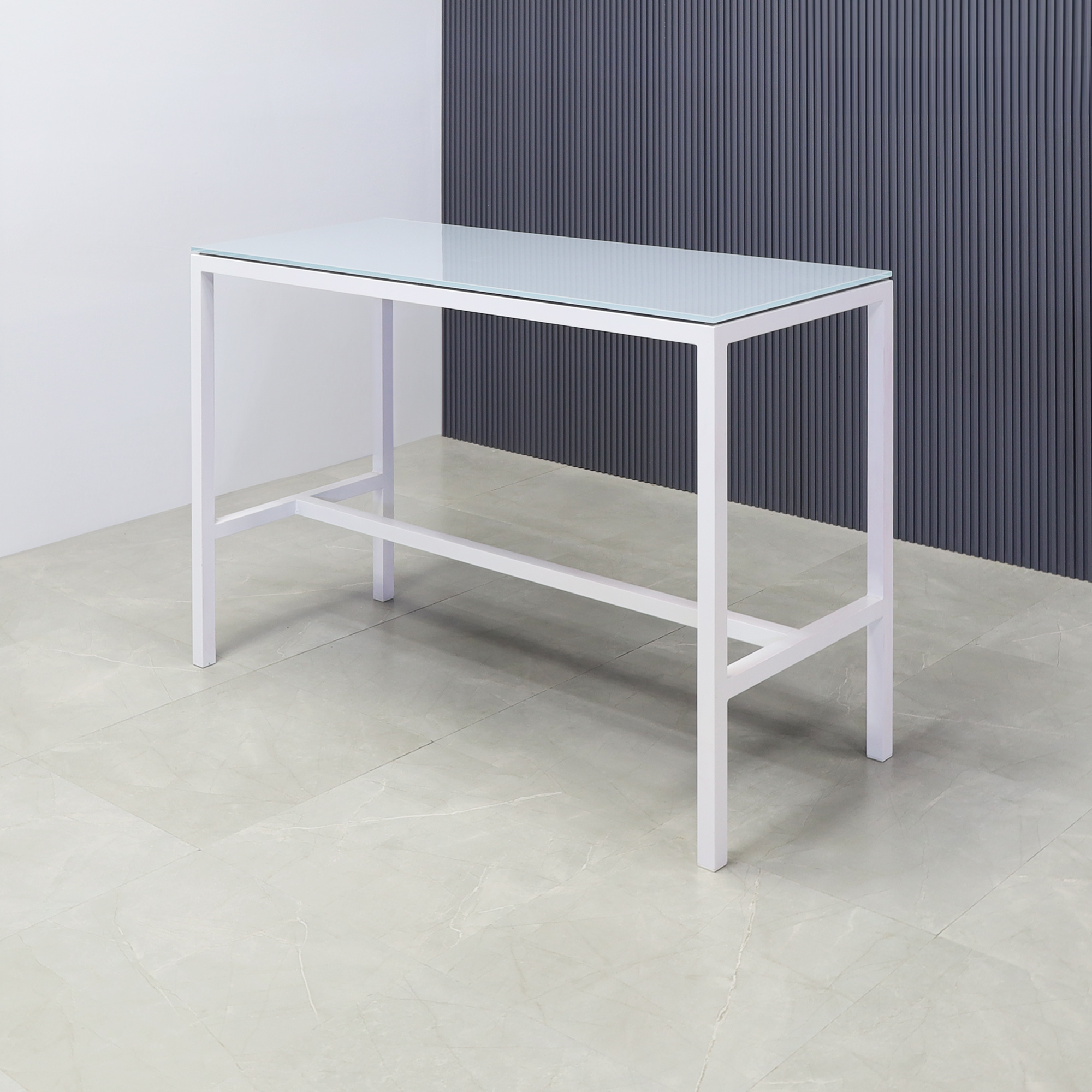 Aspen Tempered Glass Bar Table in baby blue top and white aluminum frame shown here.