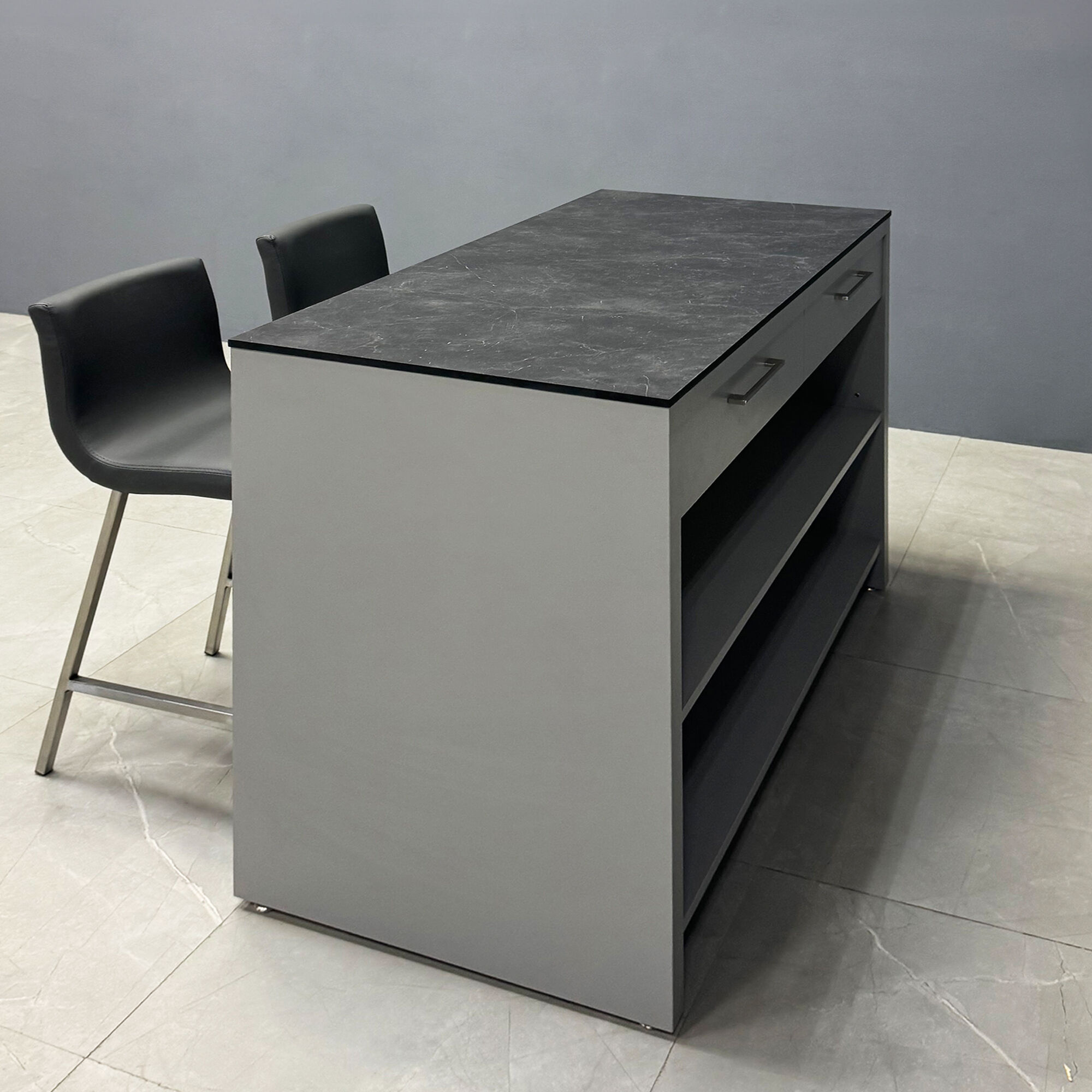 48-inch Custom Bar Island Table with black amani engineered surface top and fog gray matte laminate island.