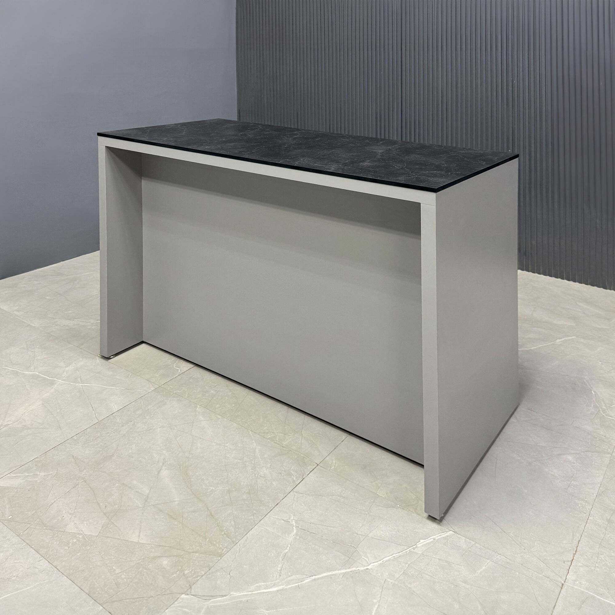 48-inch Custom Bar Island Table with black amani engineered surface top and fog gray matte laminate island.