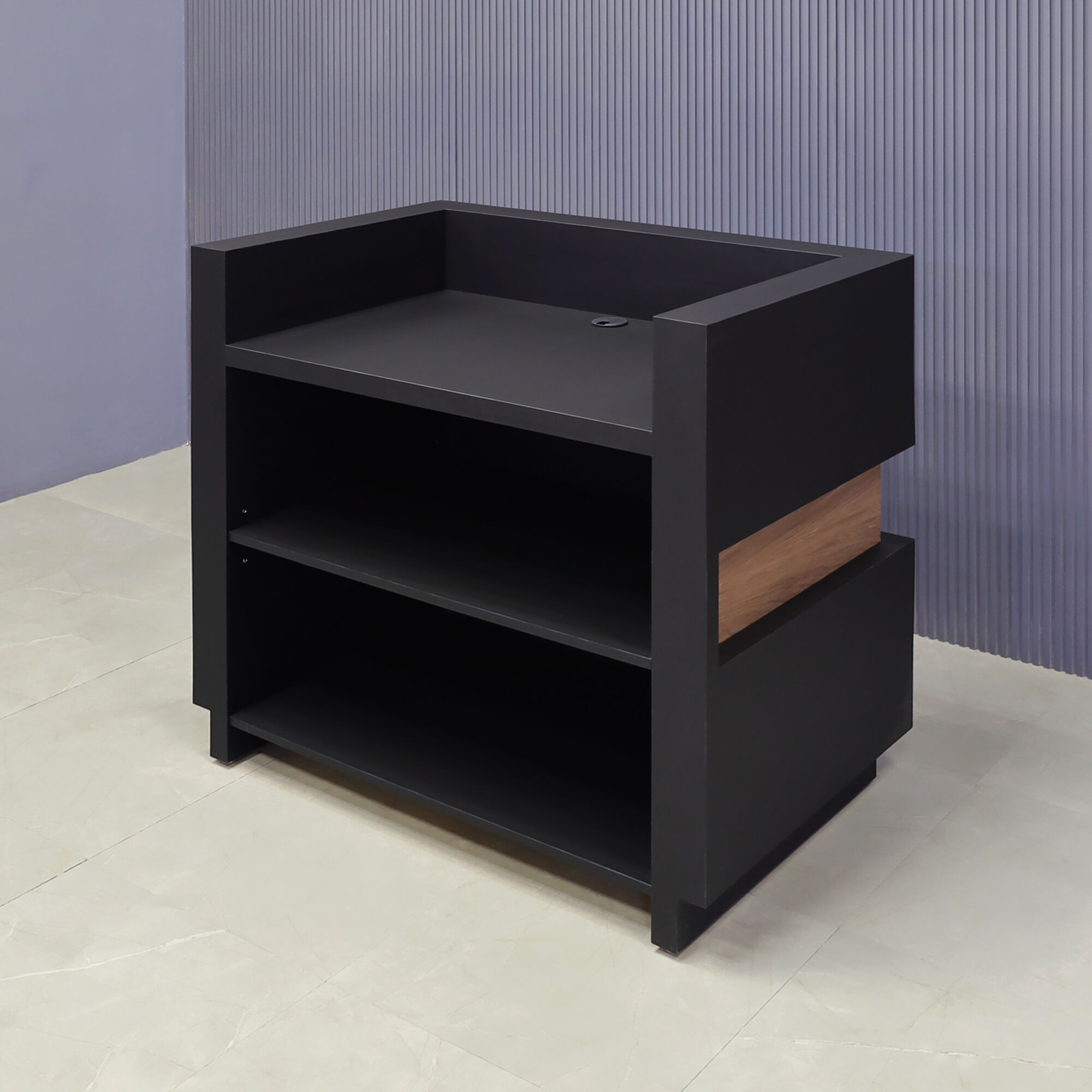 48-inch Wave Podium & Host in black traceless laminate main desk & toe-kick, and walnut veneer wave accent, with warm-white LED, shown here.