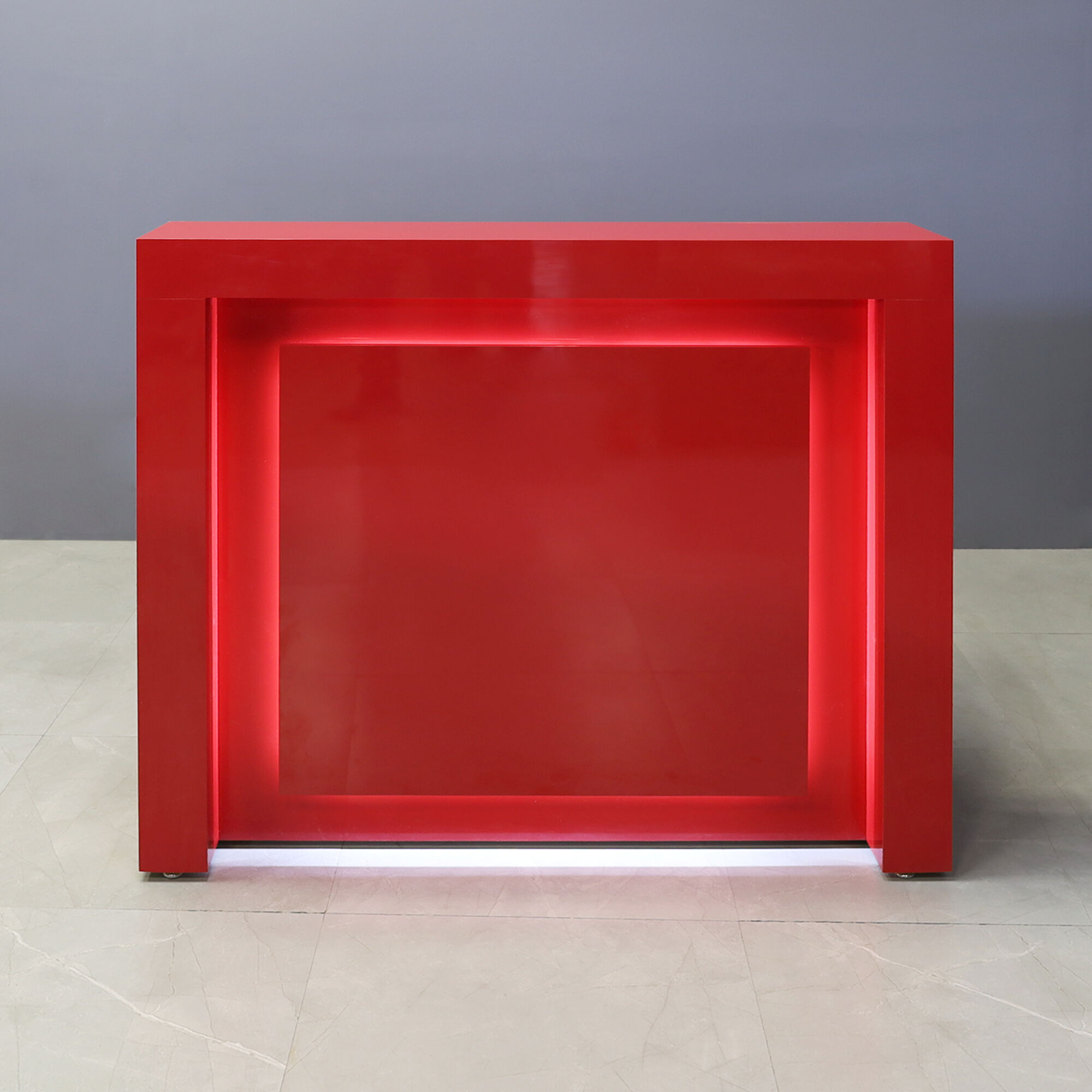 48-inch New York Straight Shape Custom Reception Desk in classic red gloss laminate main desk, front panel, and accent recessed, with warm white LED, shown here.