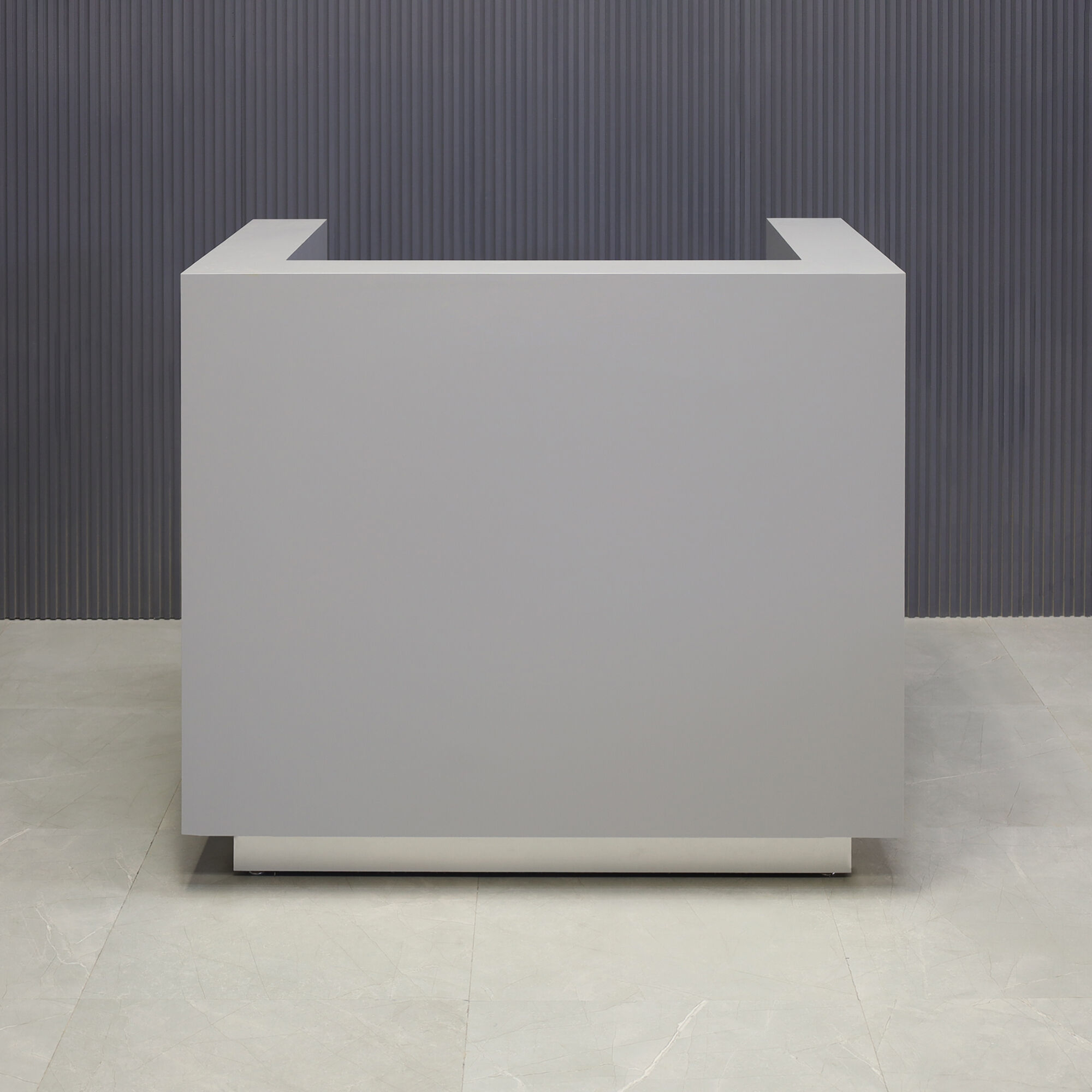 48-inch Dallas U-Shape Custom Reception Desk in fog gray matte laminate main desk and brushed aluminum toe-kick.