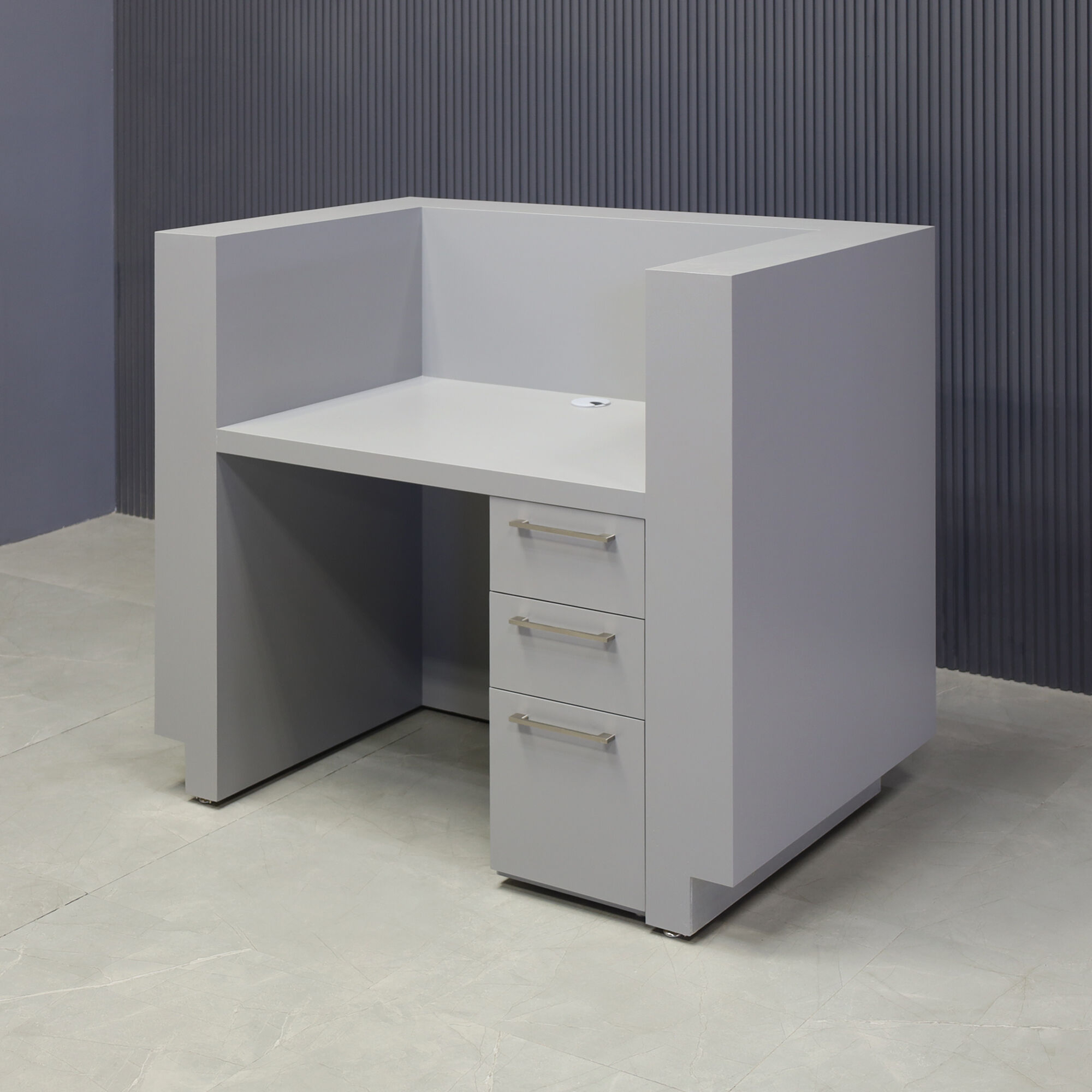 48-inch Dallas U-Shape Custom Reception Desk in fog gray matte laminate main desk and brushed aluminum toe-kick. Built-in storage on the right side when sitting.