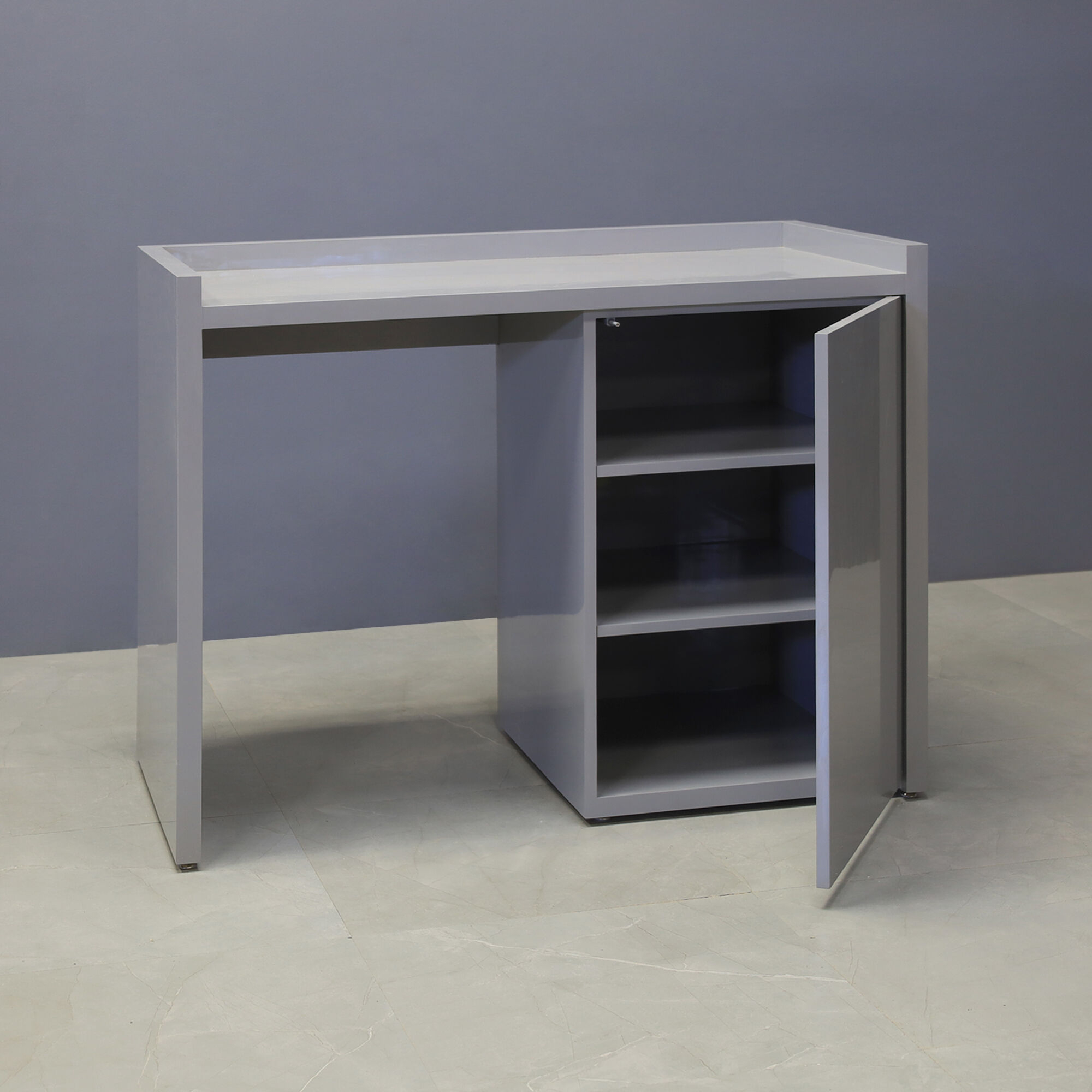 48-inch Avenue Beverage Server Station with fridge on the left side, in light gray gloss laminate station, and doors.