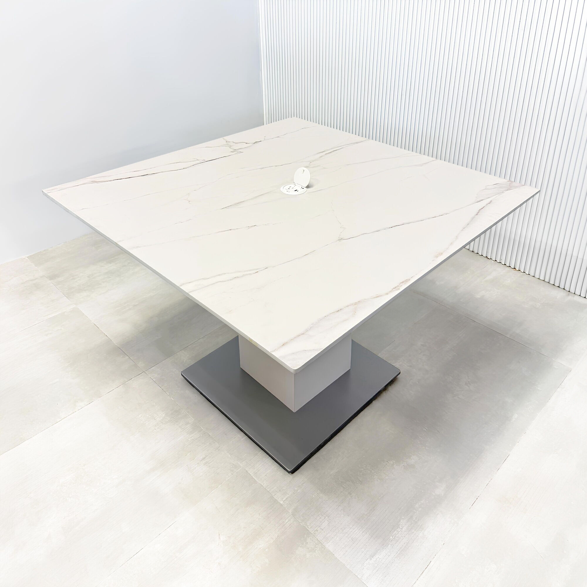 48-inch Aurora Square Conference Table with solenne marble top, black base and mx1 powerbox.