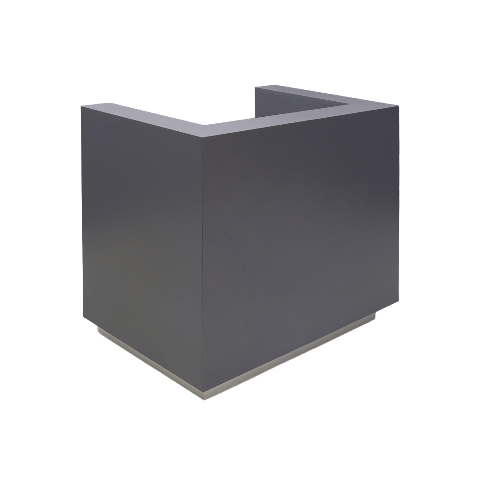 48-inch Dallas U-Shape Custom Reception Desk in storm gray matte laminate main desk and brushed aluminum toe-kick.