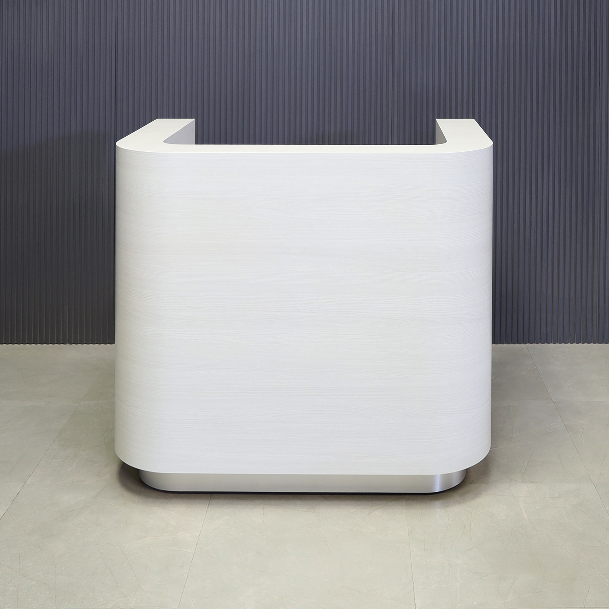 48-inch Nola Custom Reception Desk in white ash matte laminate main desk and brushed aluminum toe-kick.