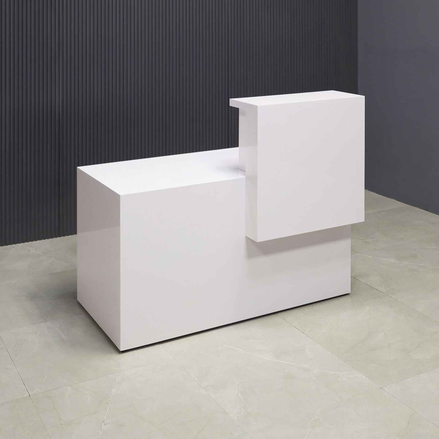 48-inch Los Angeles Custom Reception Desk with the counter on the right side when facing front in white gloss laminate finish, shown here.
