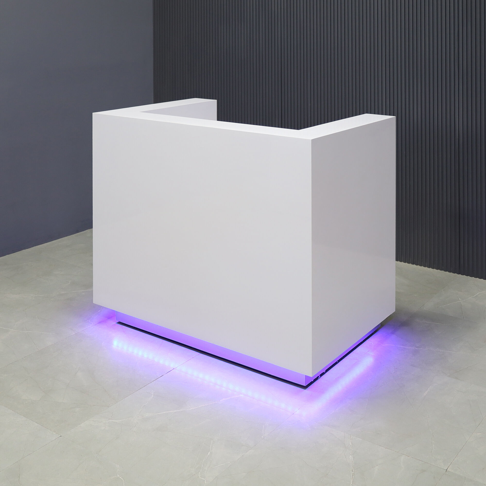 48-inch Dallas U-Shape Reception Desk in white gloss laminate desk and brushed aluminum toe-kick, with color changing LED.