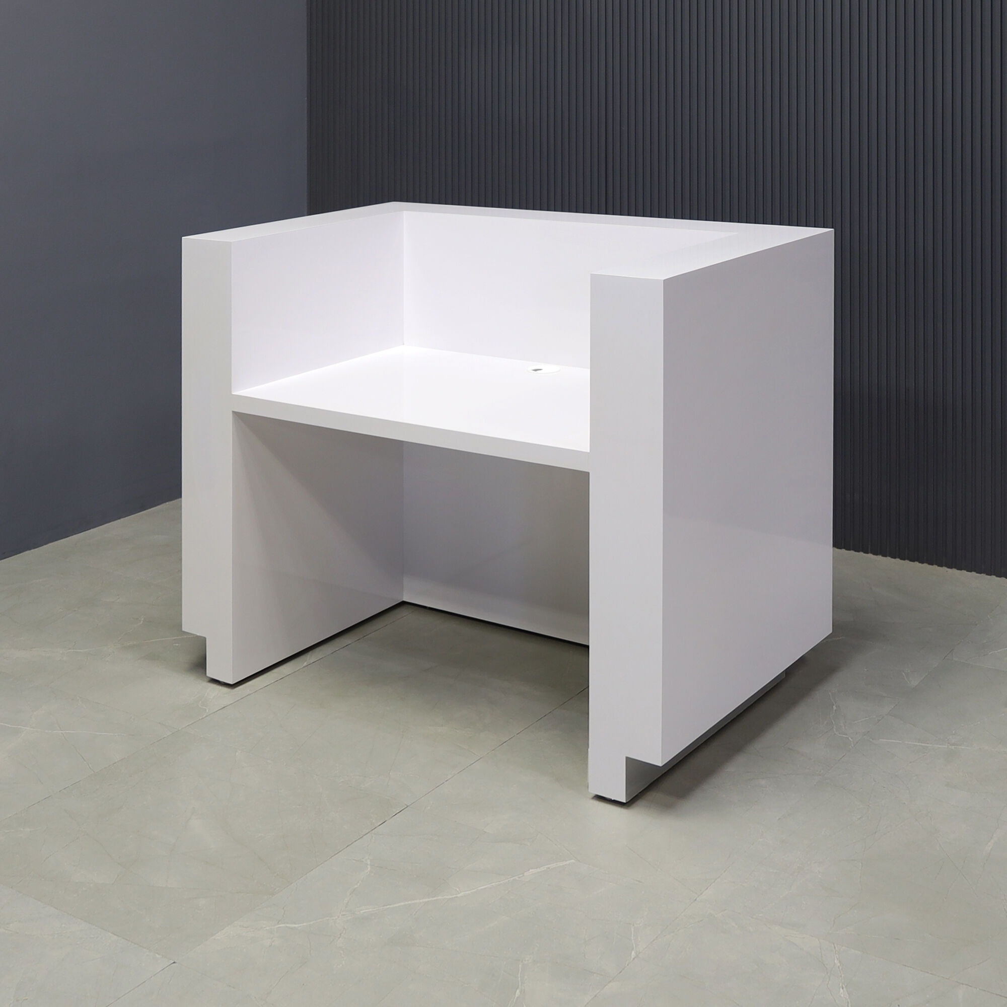 48-inch Dallas U-Shape Reception Desk in white gloss laminate desk and brushed aluminum toe-kick, with color changing LED.