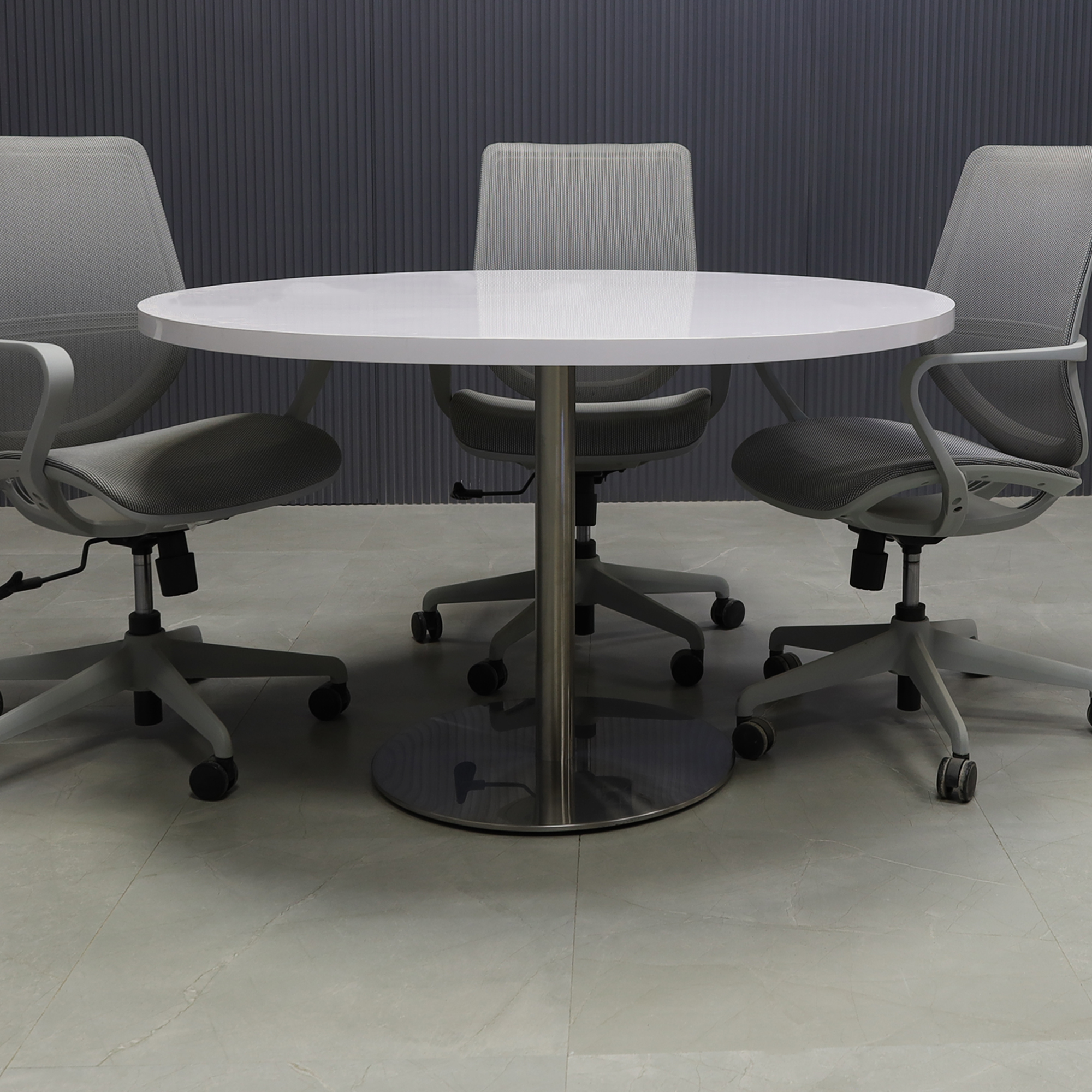 48-inch California Round Conference Table with white gloss laminate top and brushed stainless steel base.