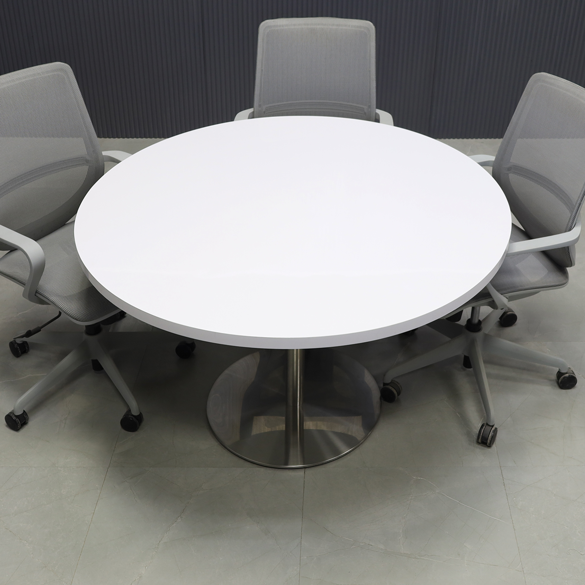 48-inch California Round Conference Table with white gloss laminate top and brushed stainless steel base.