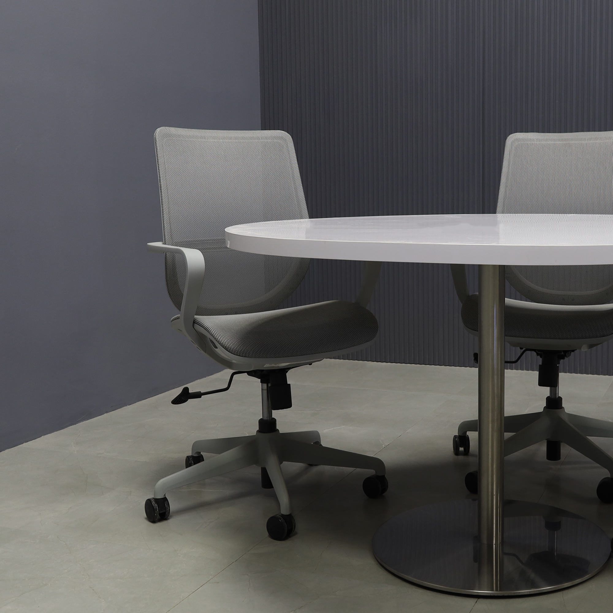 48-inch California Round Conference Table with white gloss laminate top and brushed stainless steel base.