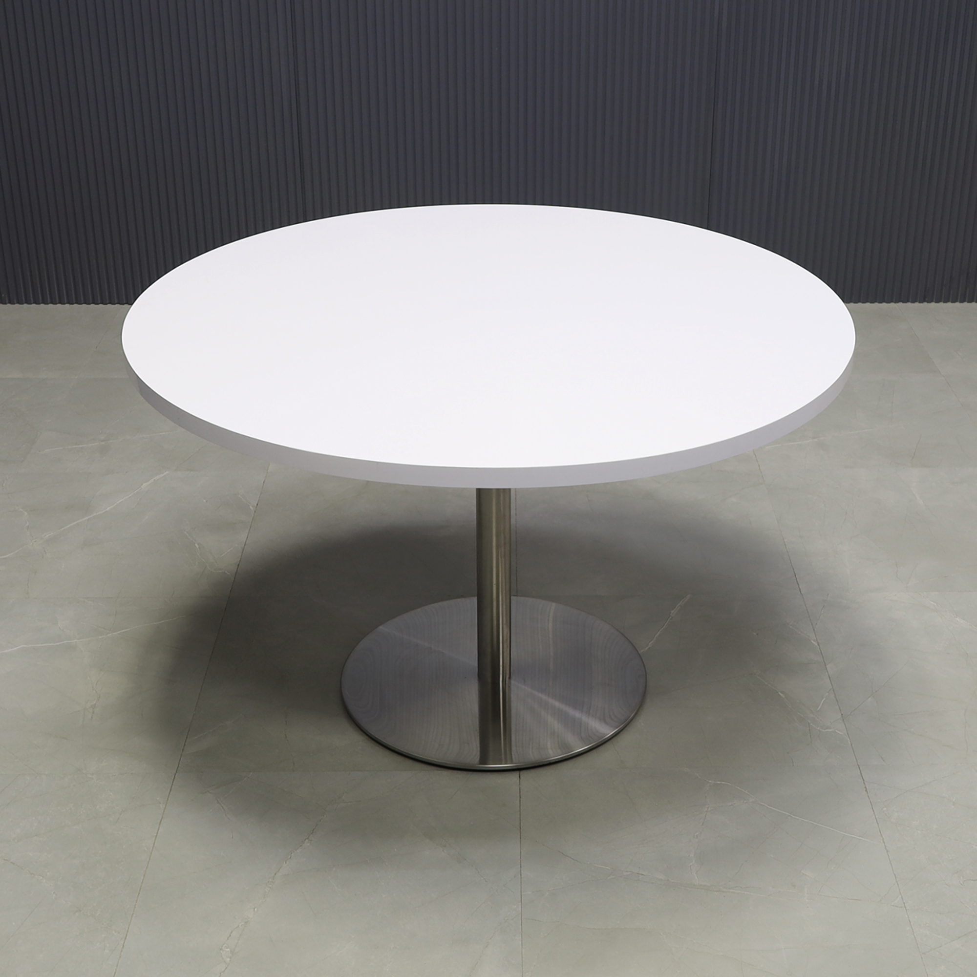 48-inch California Round Conference Table with white gloss laminate top and brushed stainless steel base.