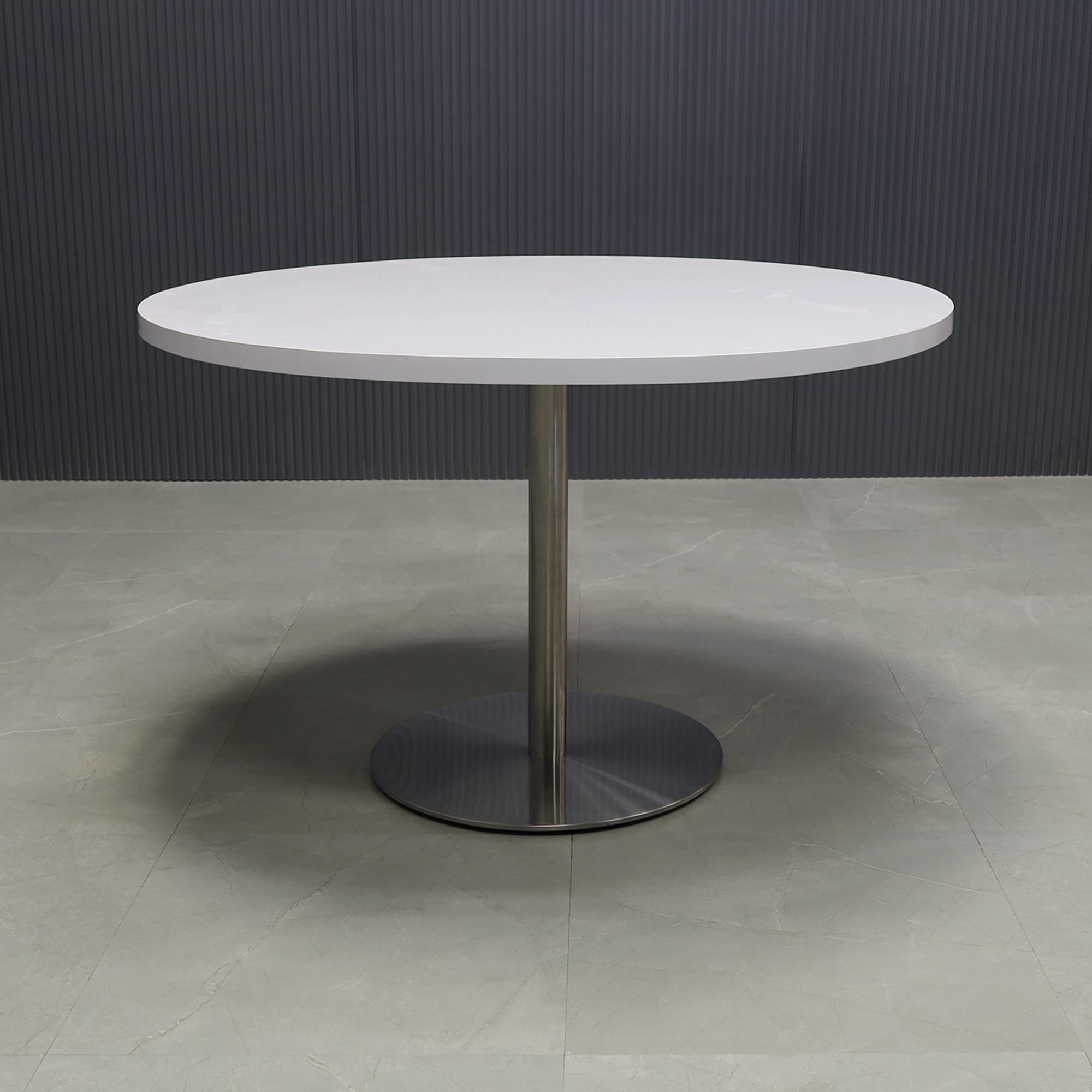 48-inch California Round Conference Table with white gloss laminate top and brushed stainless steel base.