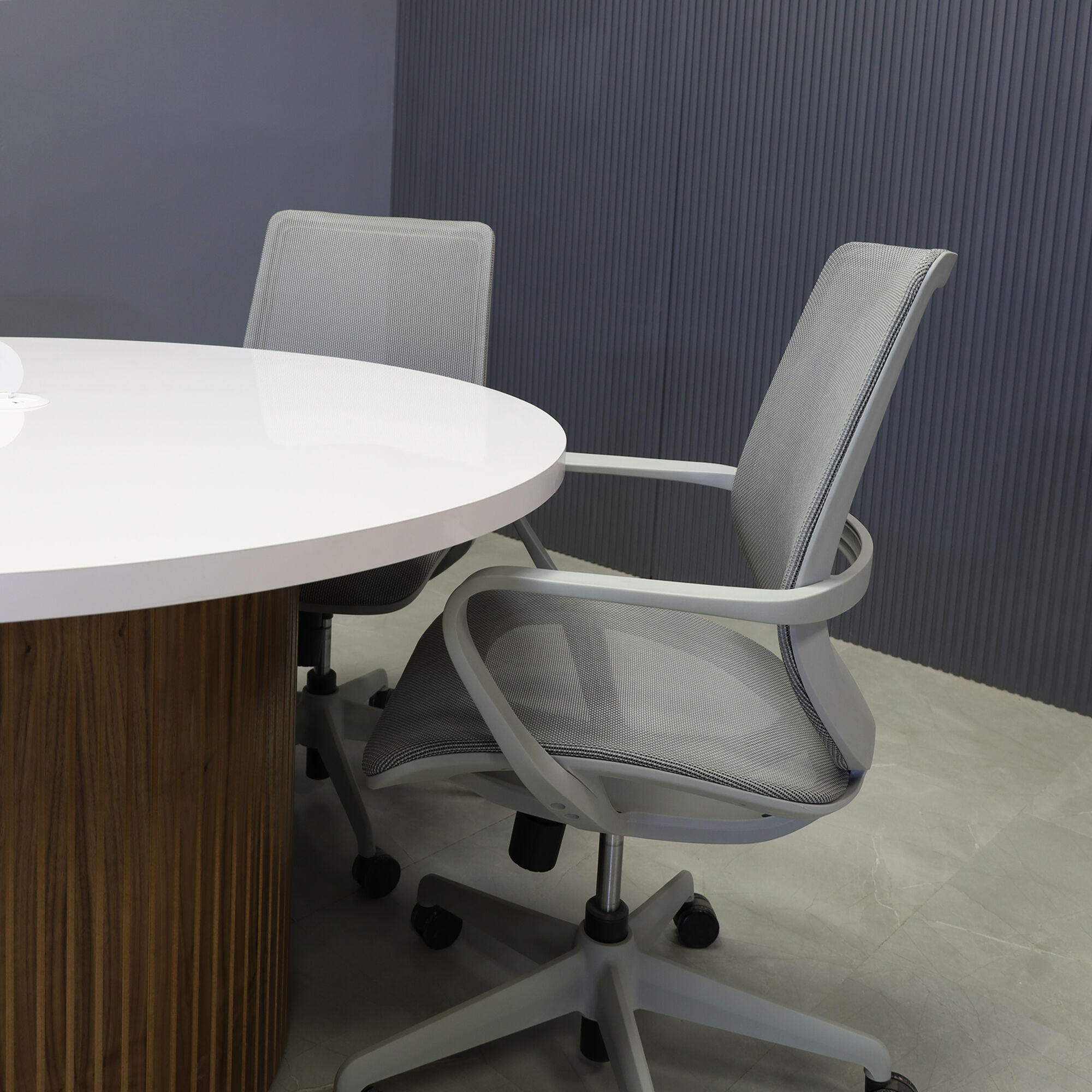 48-inch Newton Round Conference Table in white gloss laminate top, walnut tambour base, and white MX1 power box.