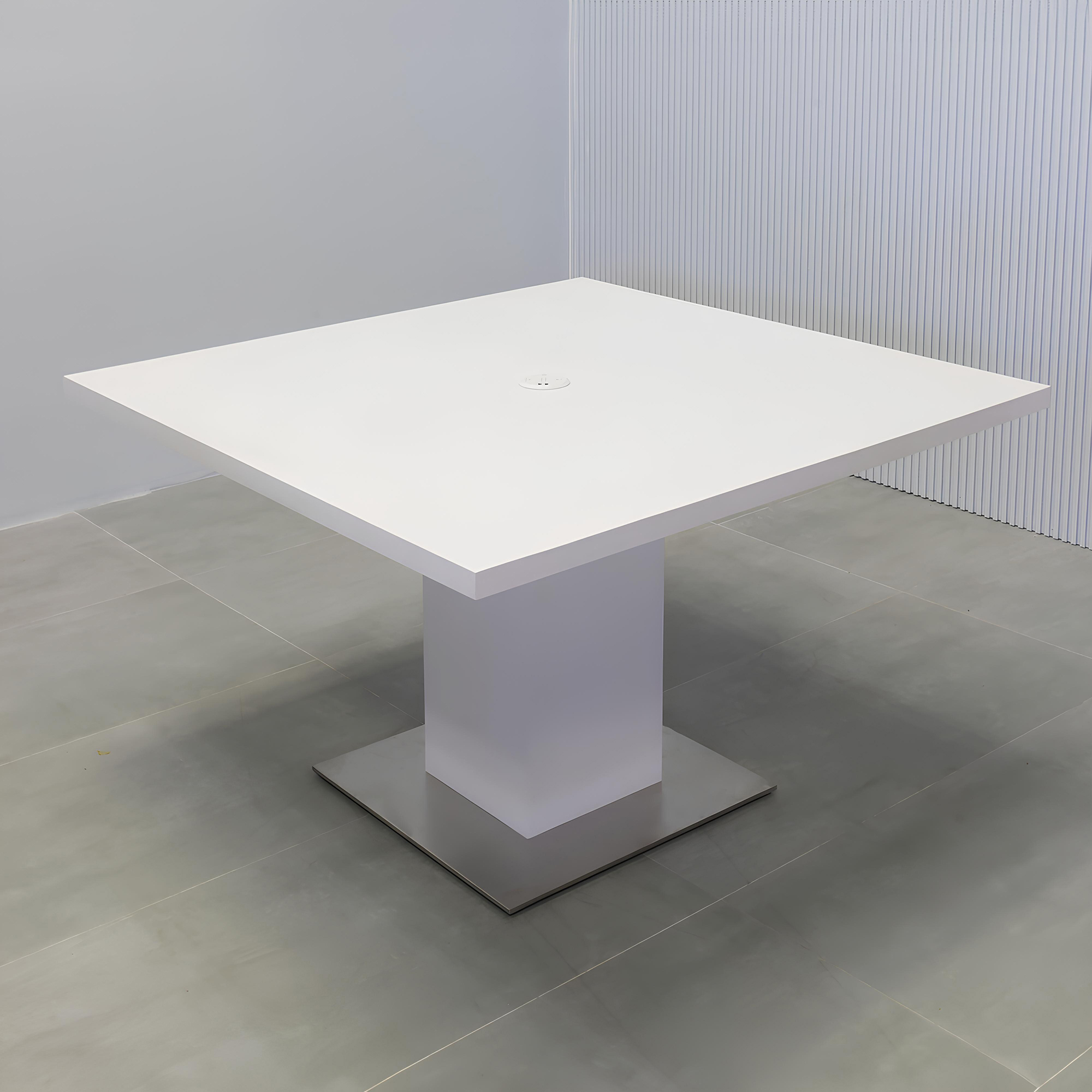 54-inch Newton Square Table with California X1 Base, pedestal in white matte PVC, silver metal powder-coated base, and white MX1 power box.