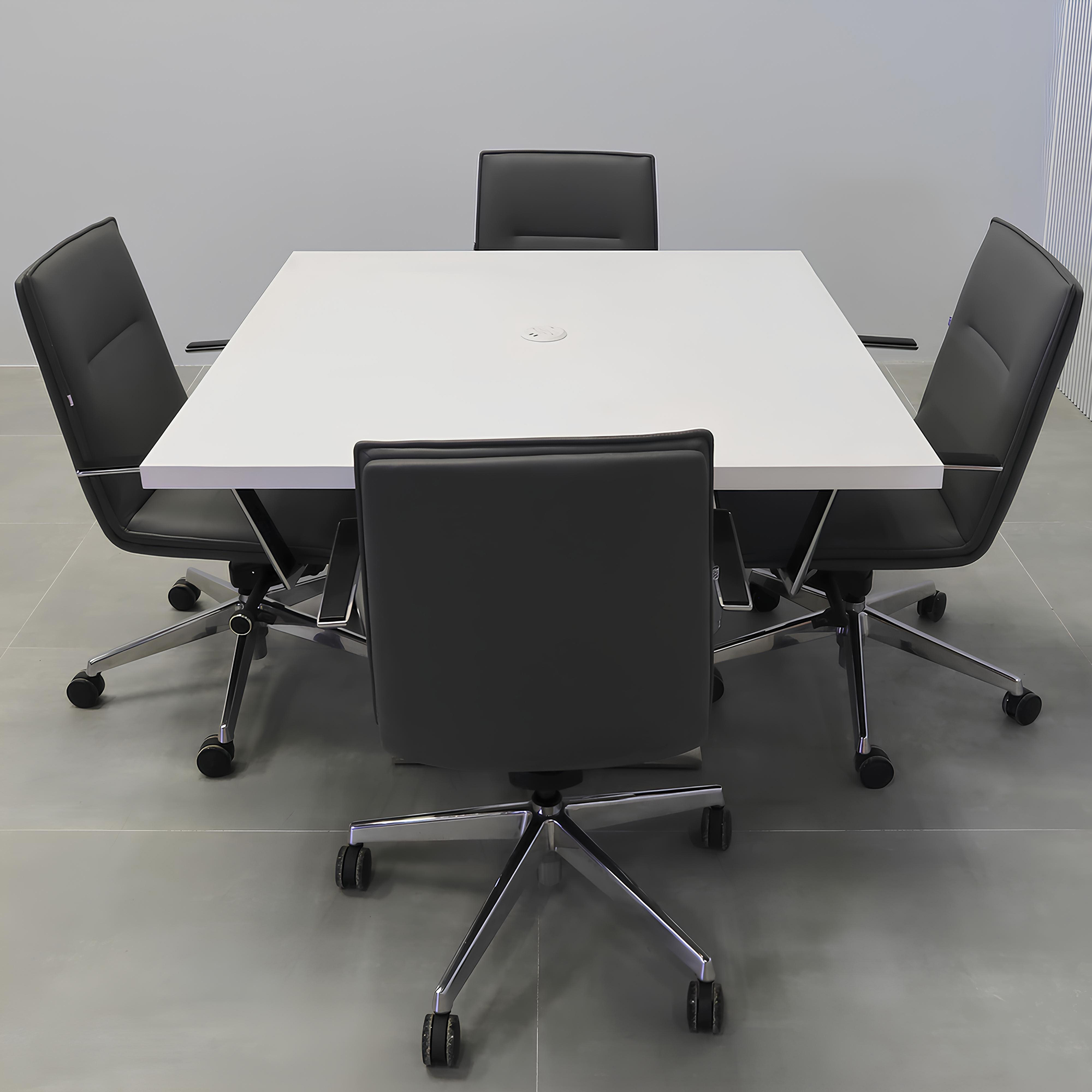 48-inch California X2 Square Conference Table in white matte PVC top & pedestal, and stainless steel base, with white MX1 power box.