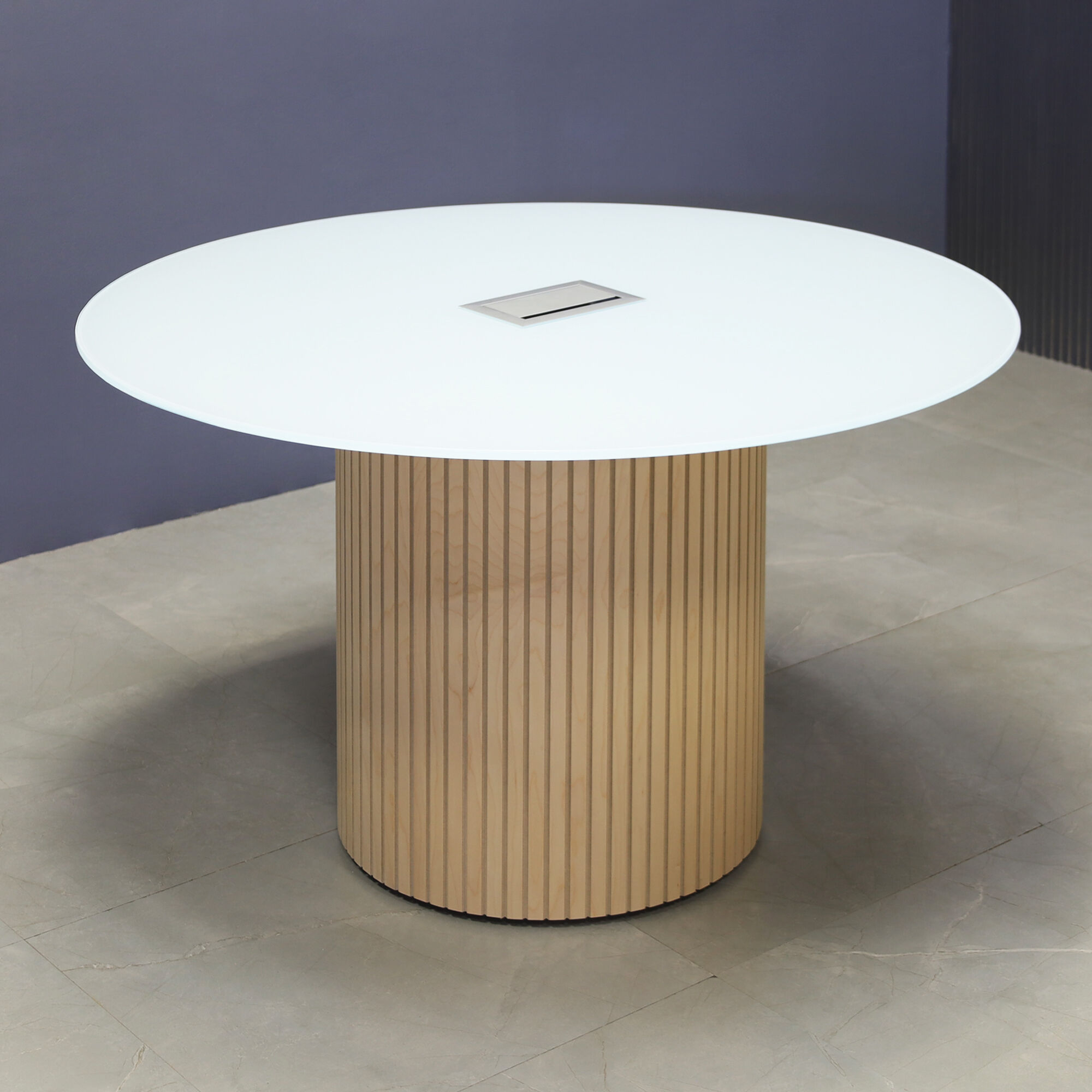 48-inch Omaha Round Conference Table in 1/2-inch white tempered glass top, and maple tambour base, with silver MX3 power box.