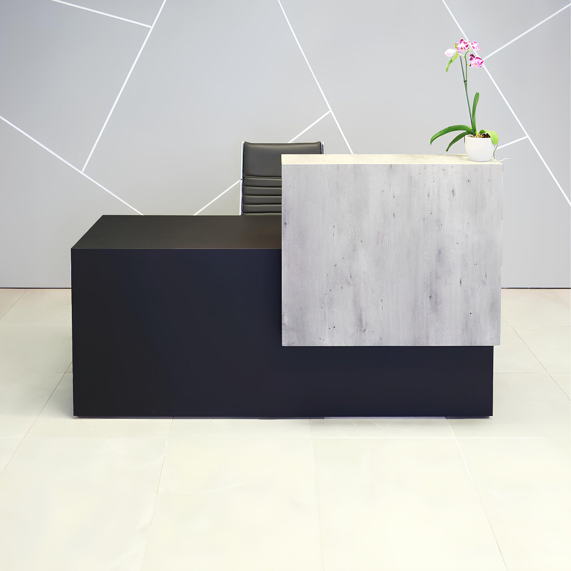 72-inch Los Angeles Custom Reception Desk with the counter on the right side when facing front in metropolitan concrete PVC, and black traceless laminate desk, shown here.