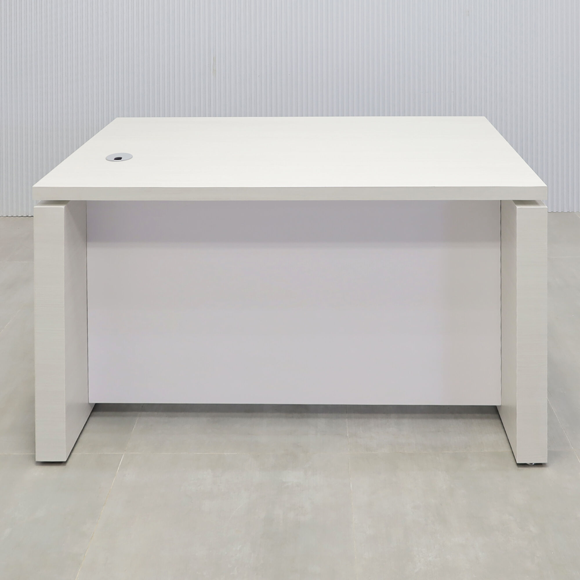 52-inch Denver Straight Executive Desk with white ash laminate top, white ash laminate base, and dover off-white matte laminate privacy panel.