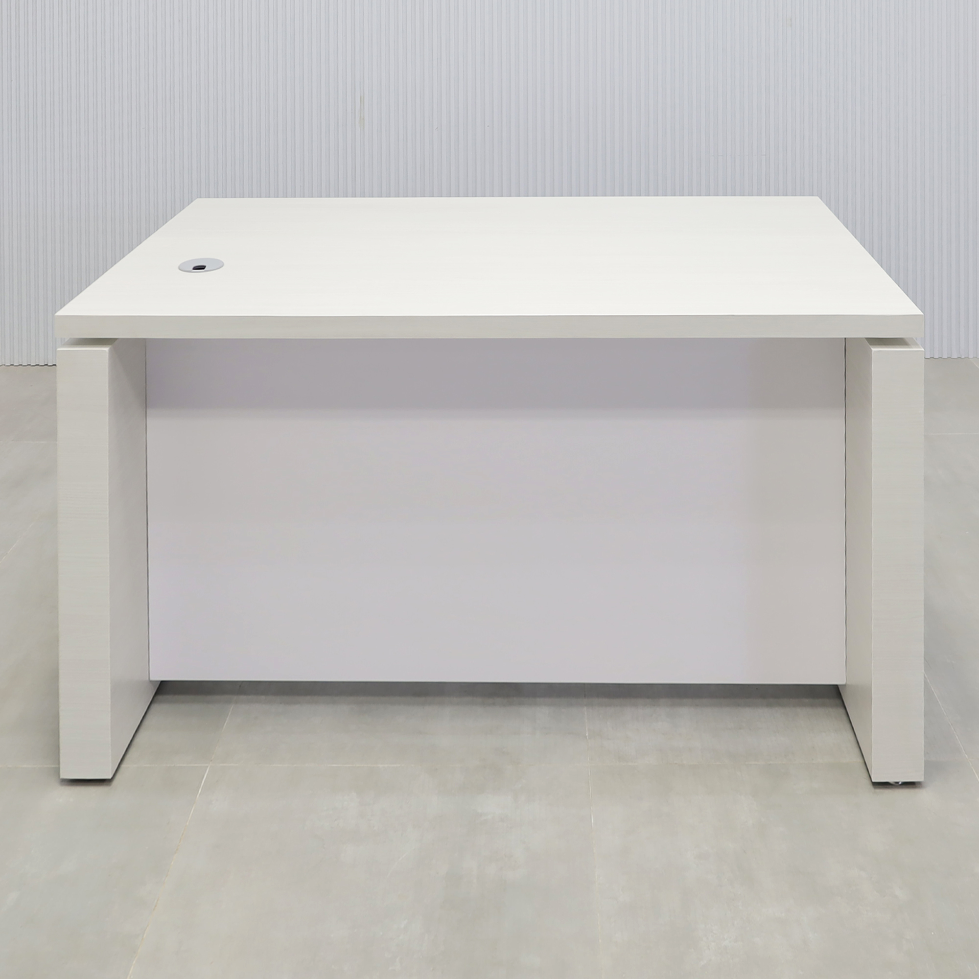 52-inch Denver Straight Laminate Executive Desk with White Ash laminate top, and Dover-Off white matte laminate privacy panel.