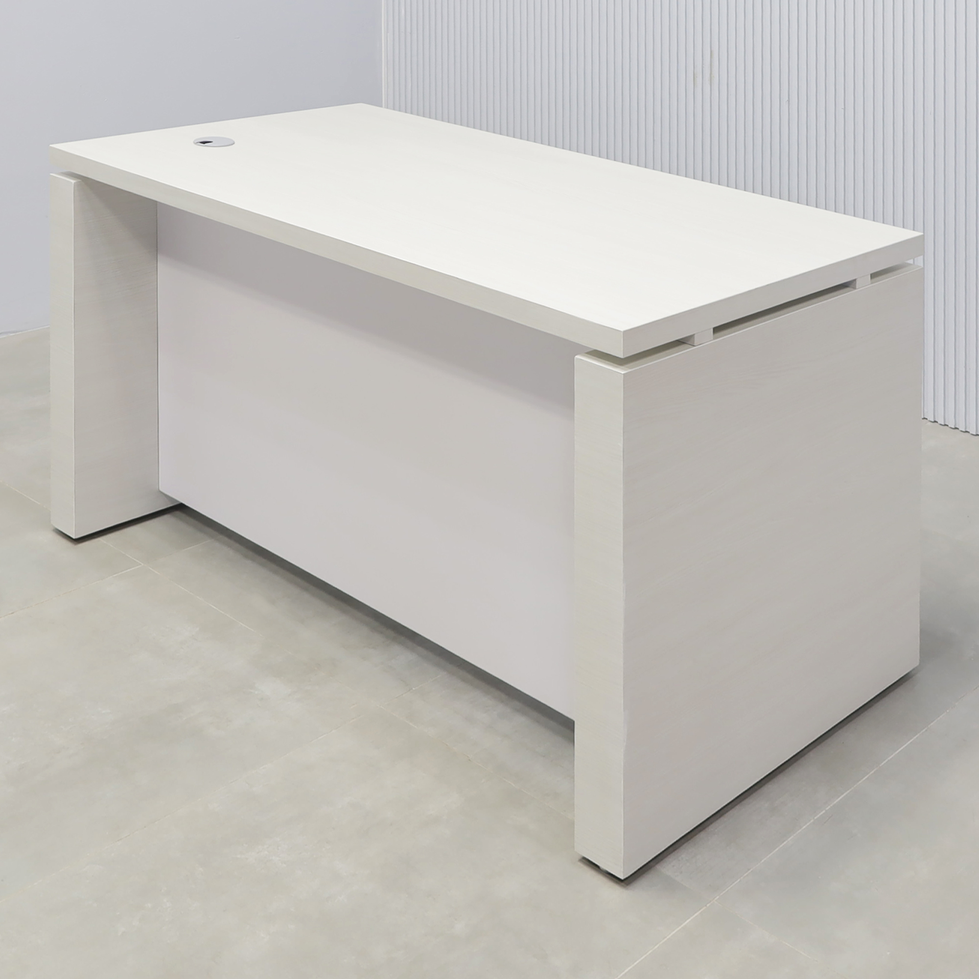 52-inch Denver Straight Laminate Executive Desk with White Ash laminate top, and Dover-Off white matte laminate privacy panel.