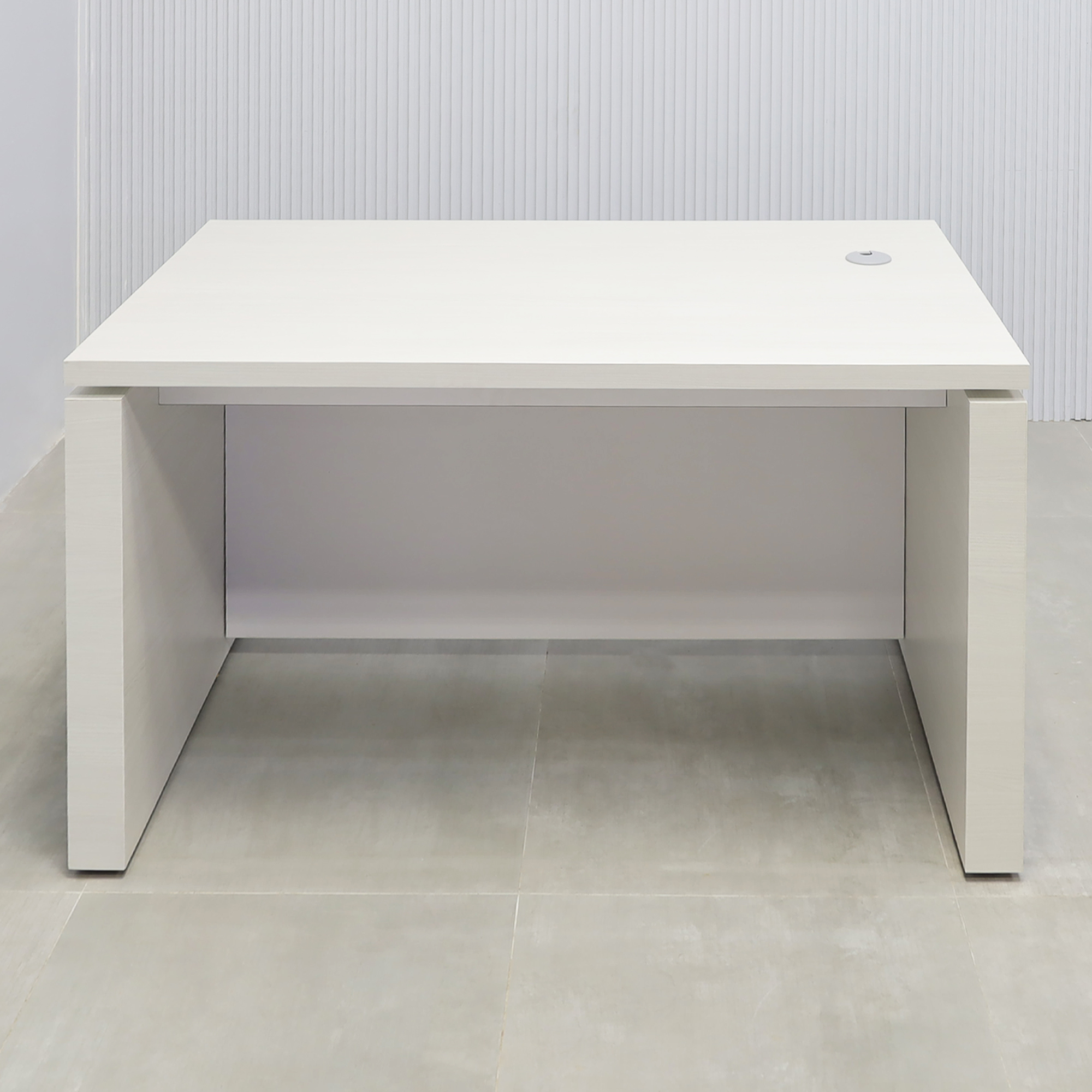 52-inch Denver Straight Laminate Executive Desk with White Ash laminate top, and Dover-Off white matte laminate privacy panel.