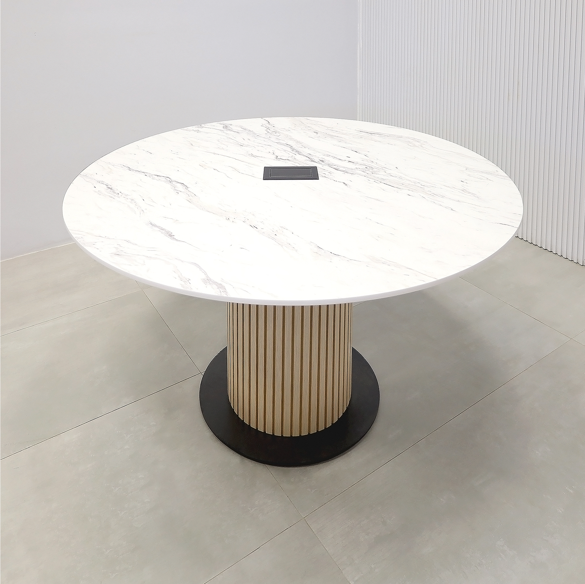 Aurora Round Conference Table and  X3 Base with Calcutta Blanc Engineered Surface Top  - 53 In. - Stock #175